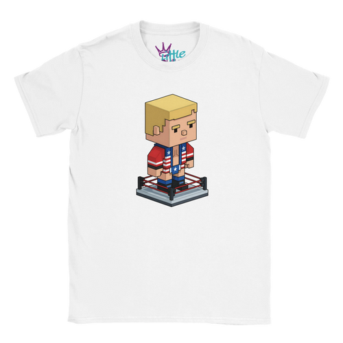 The Little Cult American Forge x Mined Kids T-Shirt features a pixel art Cody Rhodes with blond hair in a red, white, and blue jacket, standing in a wrestling ring—perfect for Minecraft-loving kids who enjoy wrestling.