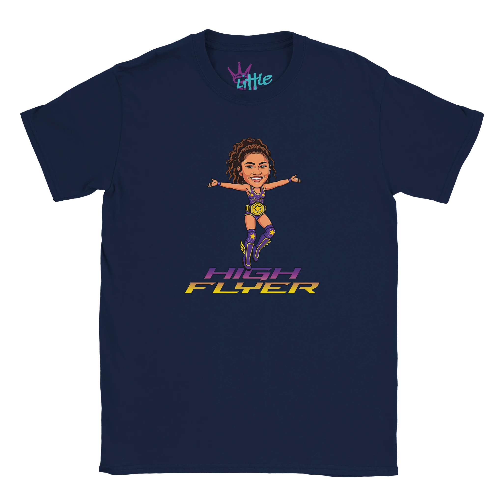 The High Flyer x Champions Kids T-Shirt by Little Cult features a cartoon woman in a purple and yellow wrestling outfit and HIGH FLYER text—a playful parody tee for kids, inspired by wrestling and Greatest Showman themes. Navy blue.