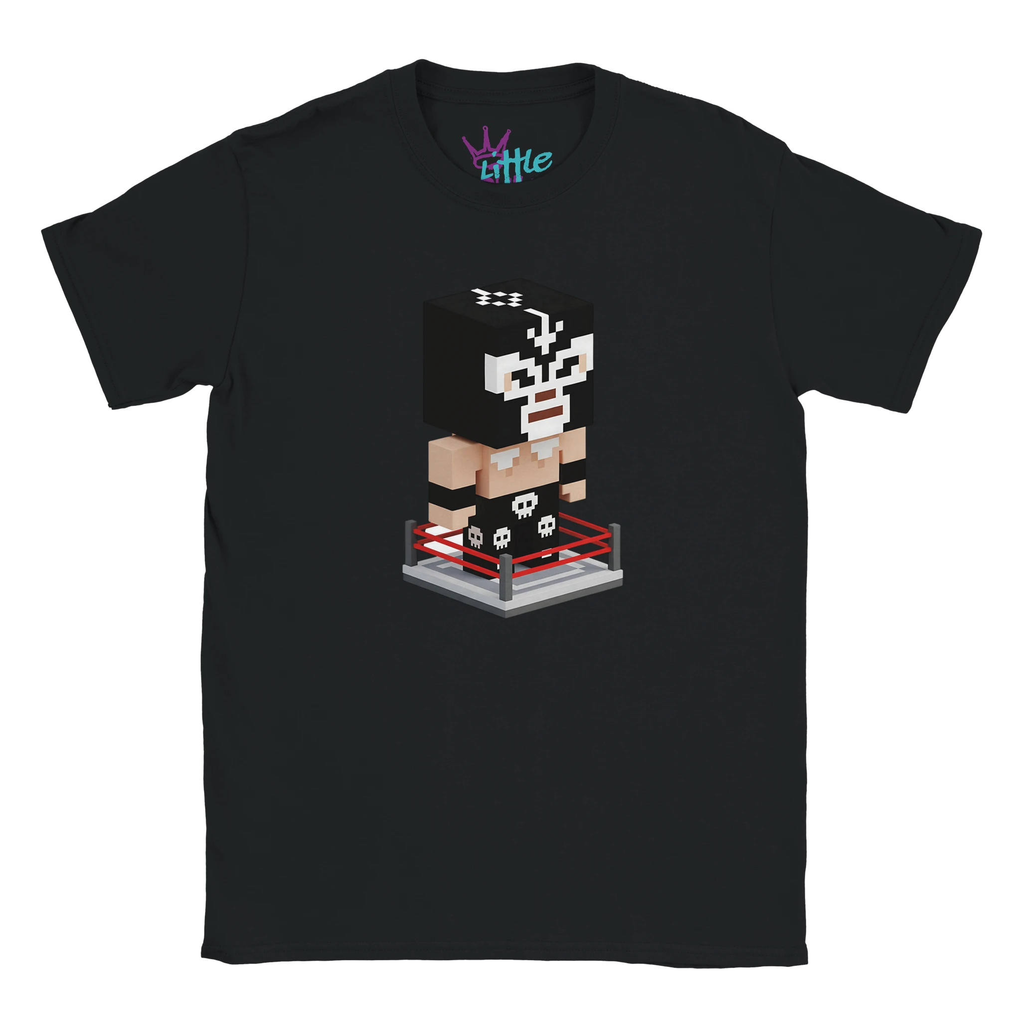 The Little Cult Mask Forge x Mined Kids T-Shirt is a black tee featuring a pixel art lucha libre wrestler in black and white, standing in a red-rope ring—ideal for Minecraft fans who love unique kids clothing.