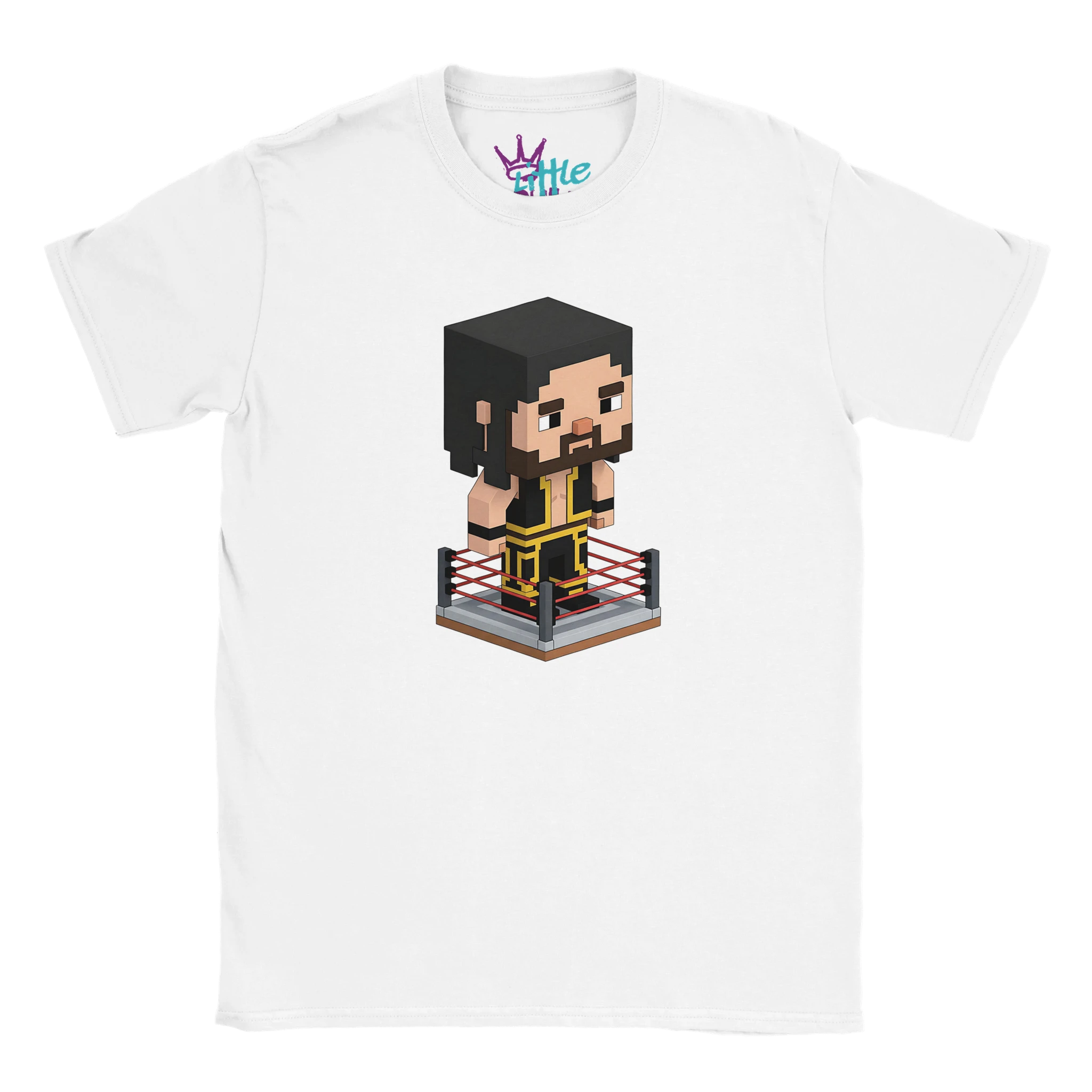 The Visionary Cobble x Mined Kids T-Shirt by Little Cult features a pixel art Seth Rollins in black and gold in a wrestling ring—perfect for young fans of Minecraft-style tees and WWE.