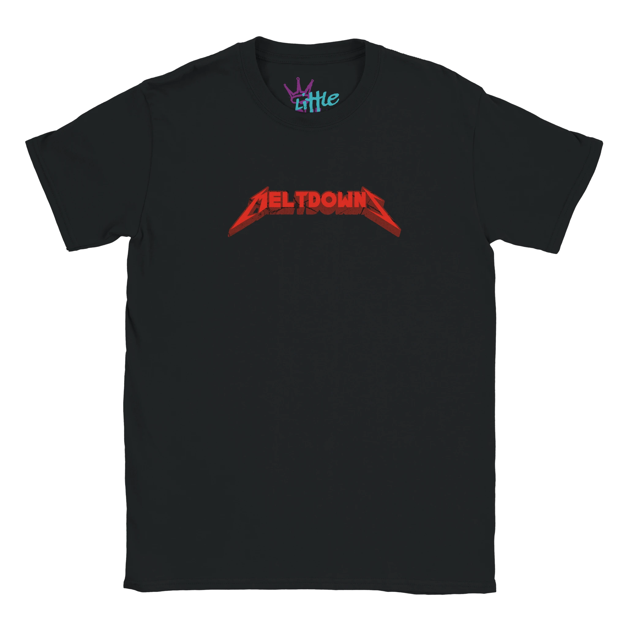 The Meltdowns x Riffs Kids T-Shirt by Little Cult is a black cotton toddler tee with MELTDOWN in bold red letters and a Little collar tag in blue and purple—perfect for little rockers with style.