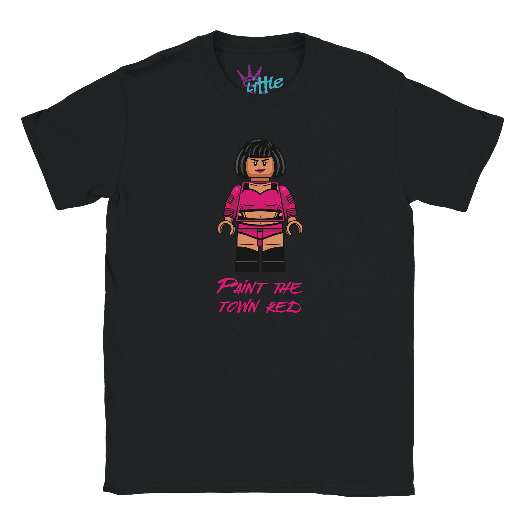 The Little Cult Hot Pink Brick Idol x Blocks Kids T-Shirt features a LEGO-style figure in a pink outfit and the text "PAINT THE TOWN RED" in pink, plus a small crown logo at the collar.
