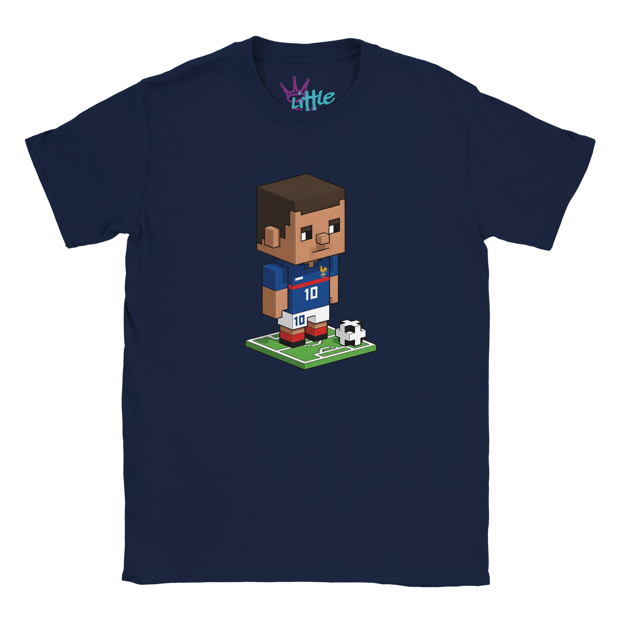 The France Forge x Mined Kids T-Shirt by Little Cult features a voxel-style soccer player inspired by Kylian Mbappé (#10) in blue, standing on green turf—ideal for Minecraft-loving kids and perfect fan gear!.