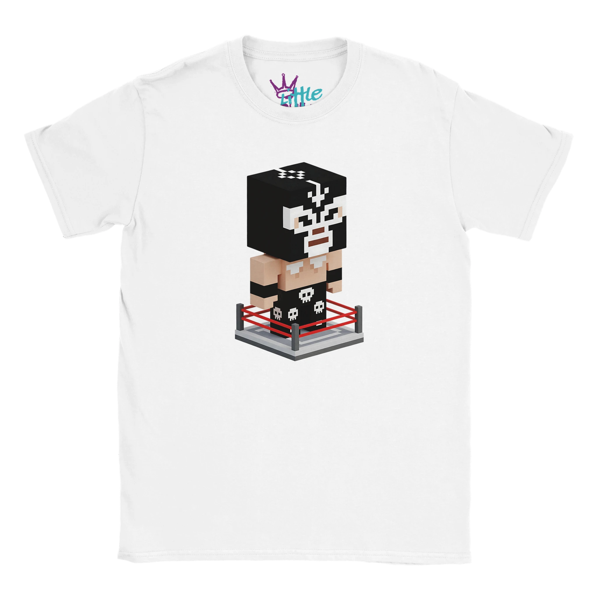 The Mask Forge x Mined Kids T-Shirt by Little Cult showcases a voxel art lucha libre wrestler in a black mask with white skull details, standing in a red wrestling ring on a white tee.