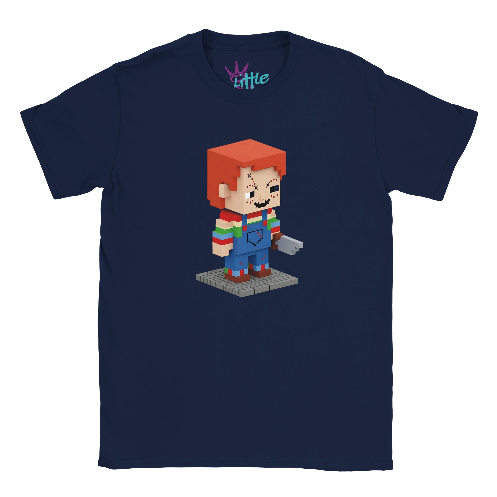 The Little Cult Doll Forge x Mined Kids T-Shirt features a pixel art-style killer doll with red hair, striped sleeves, blue overalls, and a stitched face on a navy blue background.