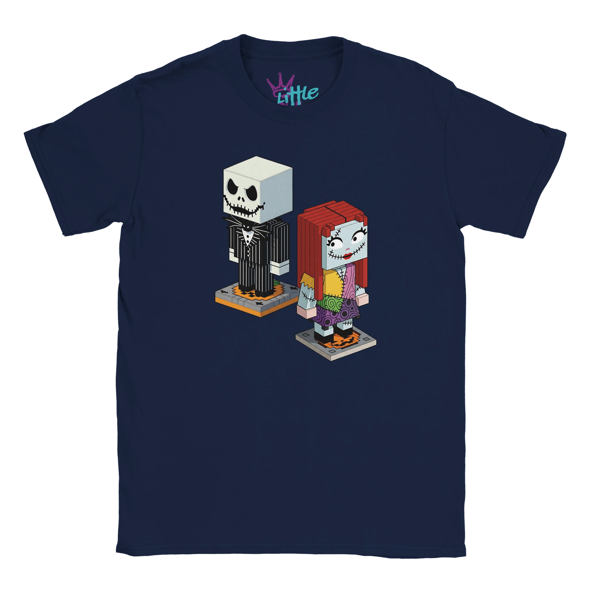 The Little Cult Nightmare Craft x Mined Kids T-Shirt is a navy blue tee with block-style voxel art of Jack Skellington in a pinstripe suit and Sally in a patchwork dress, inspired by The Nightmare Before Christmas.