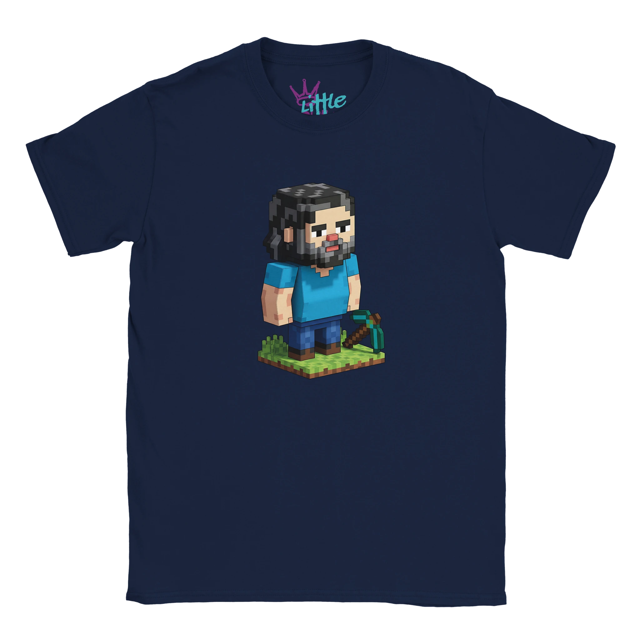 The Little Cult Tenacious Craft x Mined Kids T-Shirt features Minecraft-inspired voxel art of a long-haired, bearded character on a grassy block with a slingshot—perfect for Jack Black and Tenacious D fans.