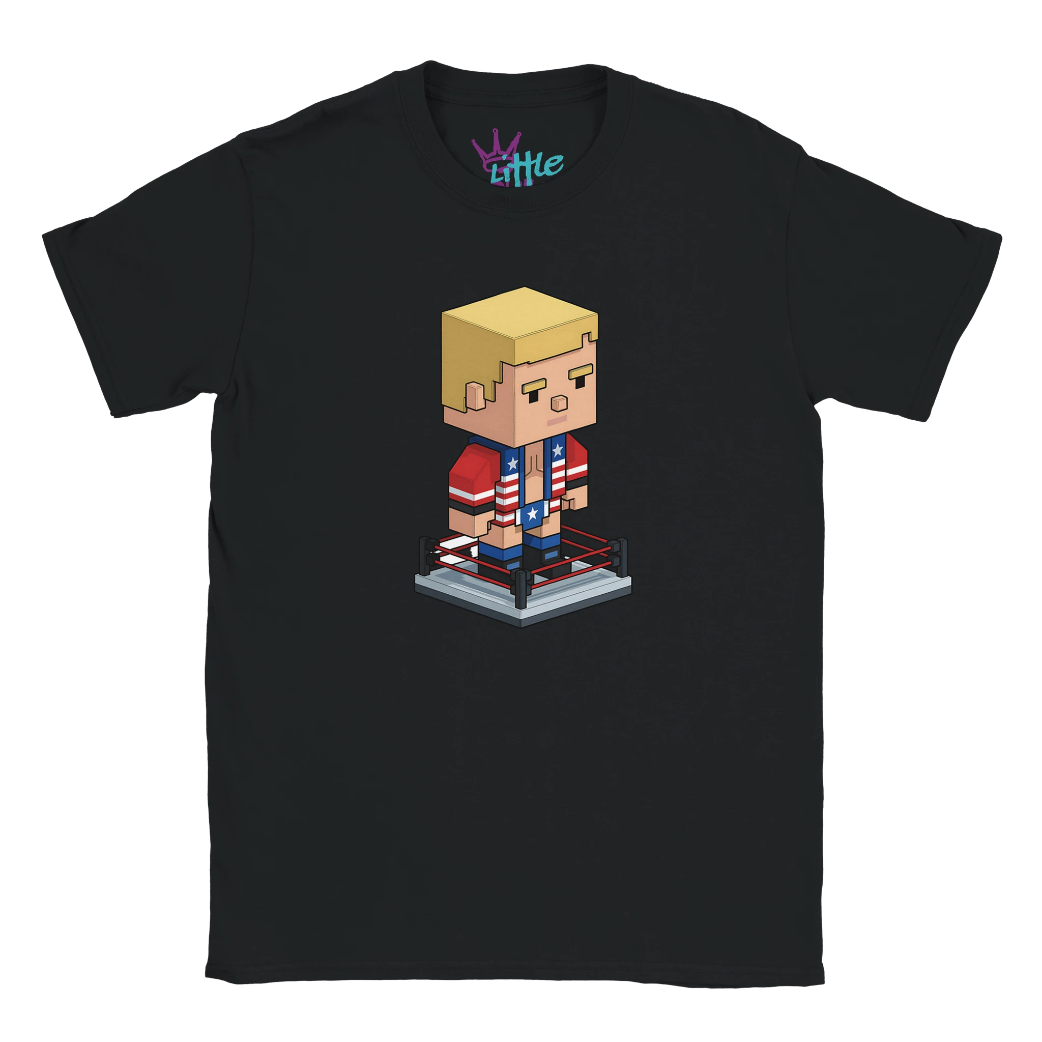 The American Forge x Mined Kids T-Shirt by Little Cult is a black tee with a blocky, pixel art character inspired by Cody Rhodes in red, white, and blue. Little is printed inside the collar. Perfect for Minecraft-loving kids and wrestling fans!.