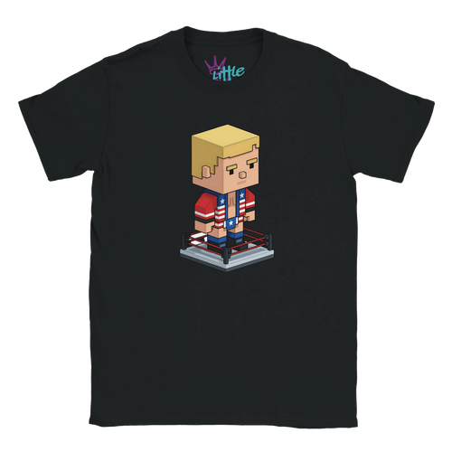 The American Forge x Mined Kids T-Shirt by Little Cult is a black tee with a blocky, pixel art character inspired by Cody Rhodes in red, white, and blue. Little is printed inside the collar. Perfect for Minecraft-loving kids and wrestling fans!.