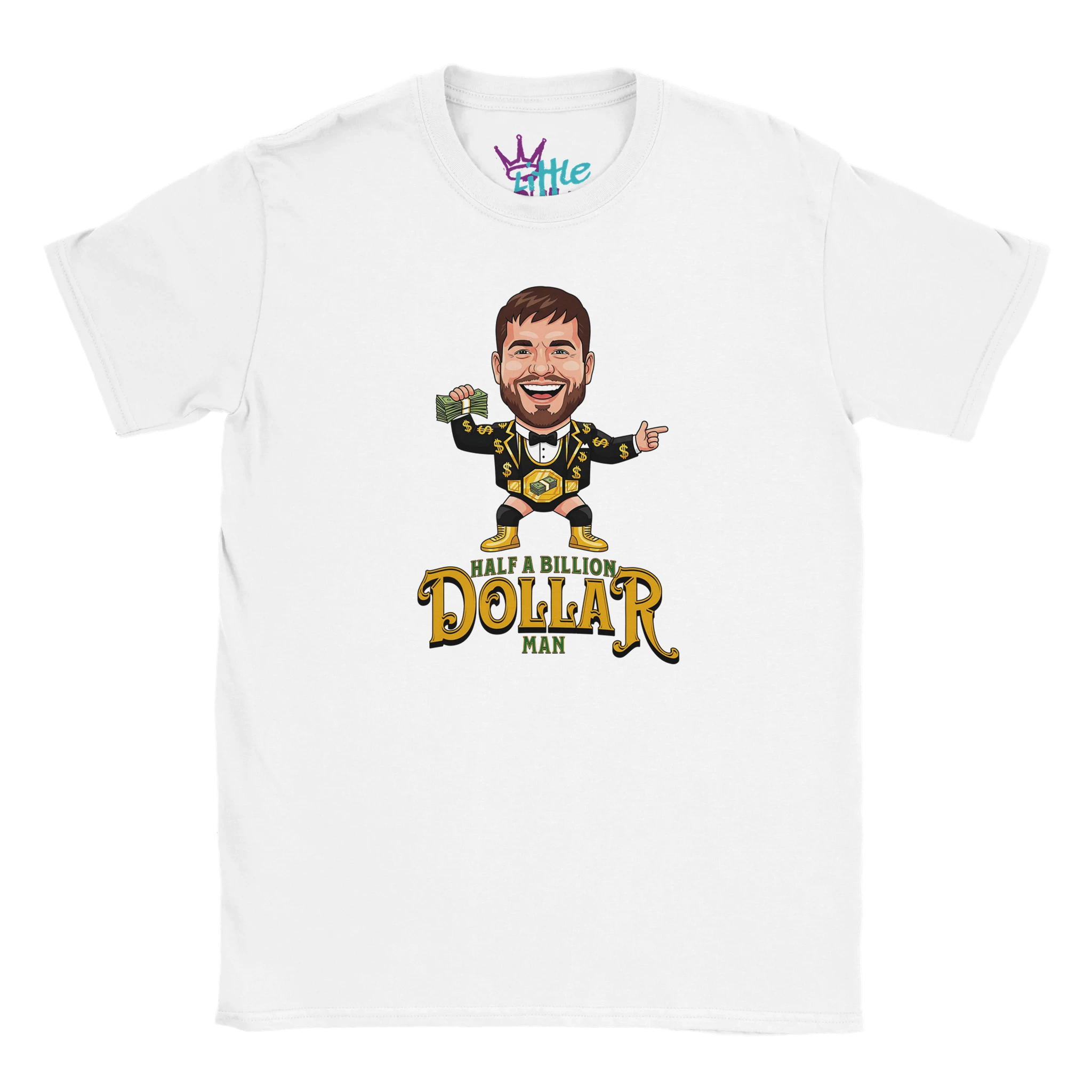 The Little Cult Half A Billion Dollar Man x Champions Kids T-Shirt features a cartoon man in a suit with cash and bold WWE-inspired text, plus the THTC logo near the collar for a fun, WrestleMania vibe.
