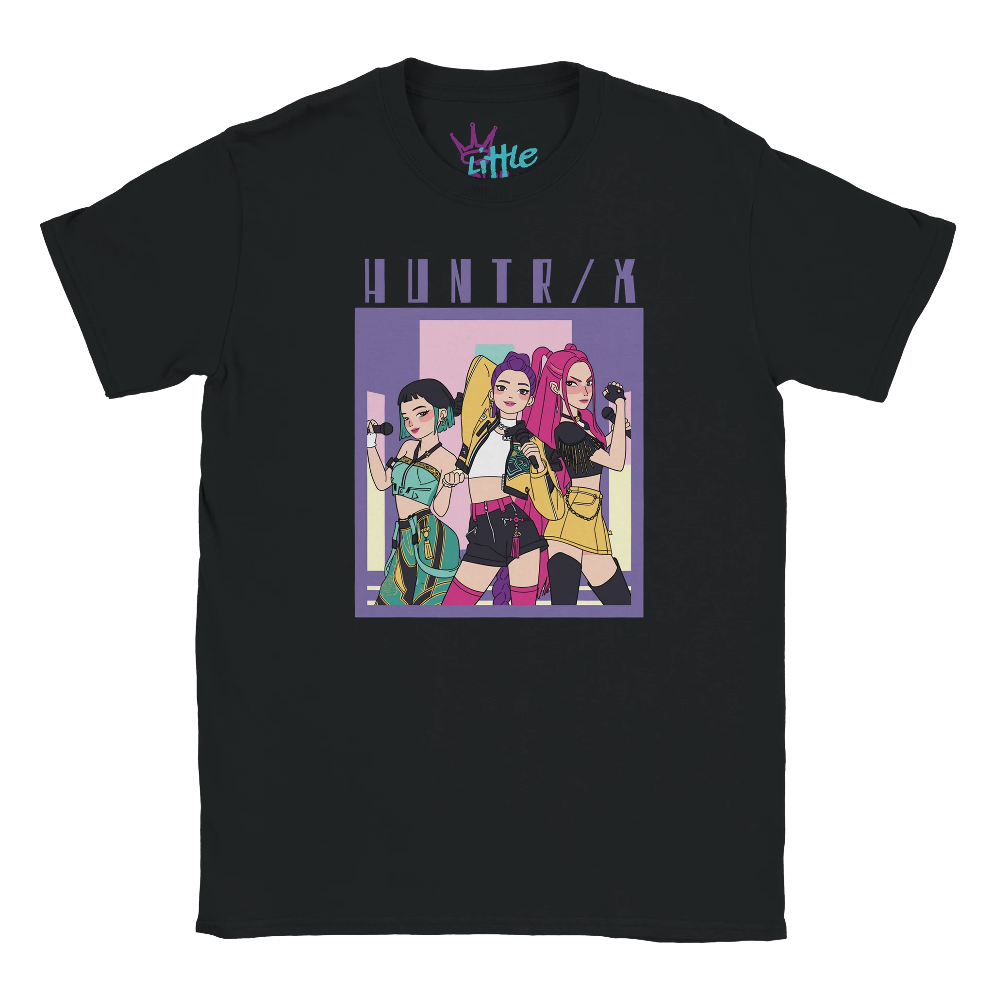 The Little Cult Huntrix Frame x Deokhu Kids T-Shirt in black features three animated girls with gadgets on a purple-blue geometric background and bold “HUNTR/X” text, perfect for young K-Pop fans.