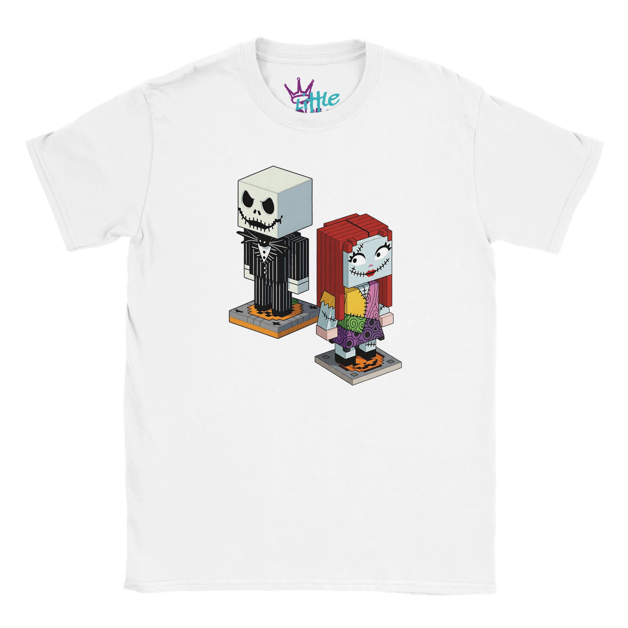 The Little Cult Nightmare Craft x Mined Kids T-Shirt features voxel-style Jack Skellington and Sally figures side by side, combining The Nightmare Before Christmas with a Minecraft-inspired design for fans.