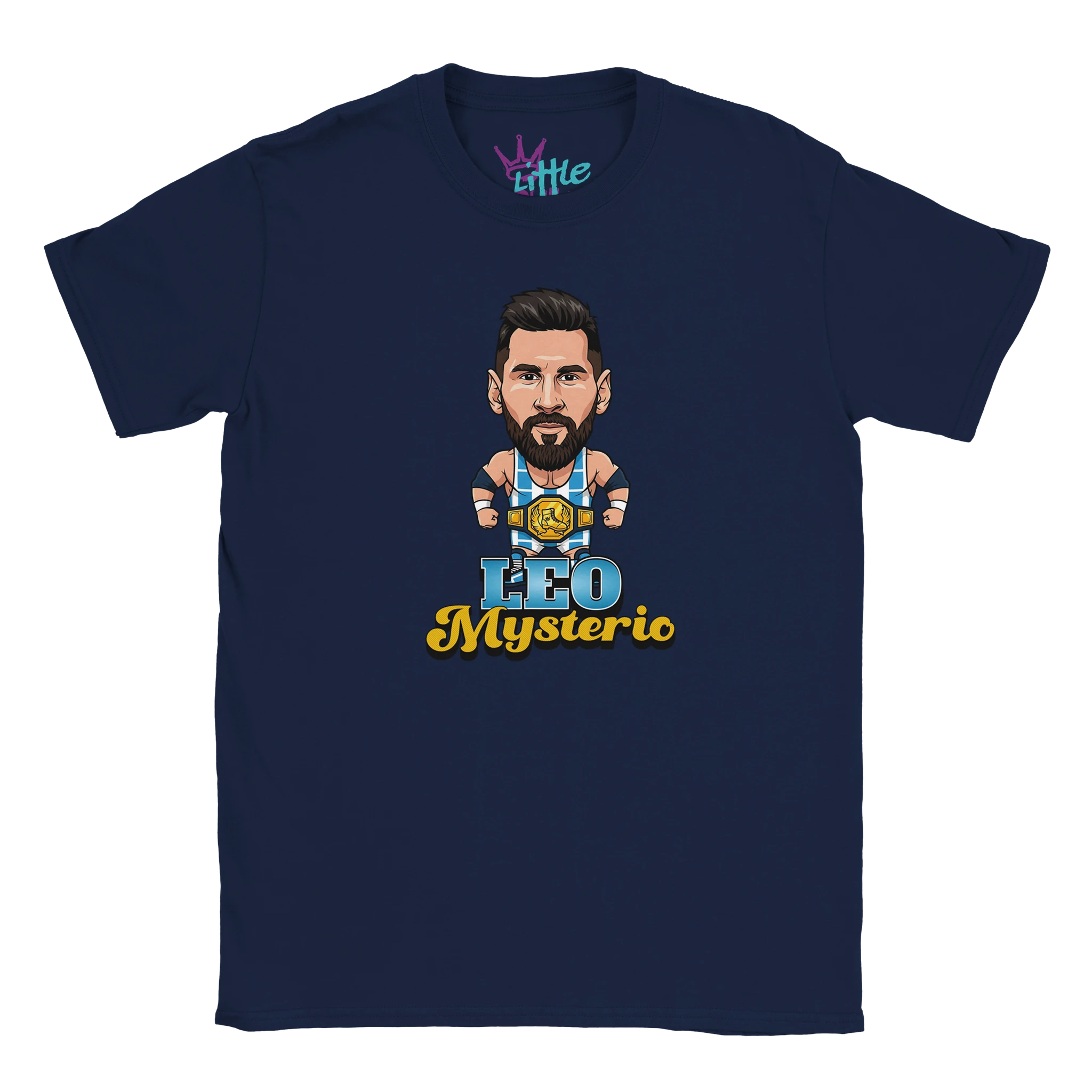 The Leo Mysterio x Champions Kids T-Shirt by Little Cult is a navy blue tee showing a cartoon bearded soccer player in a lucha libre mask with a championship belt and “Leo Mysterio” in yellow and blue text below.