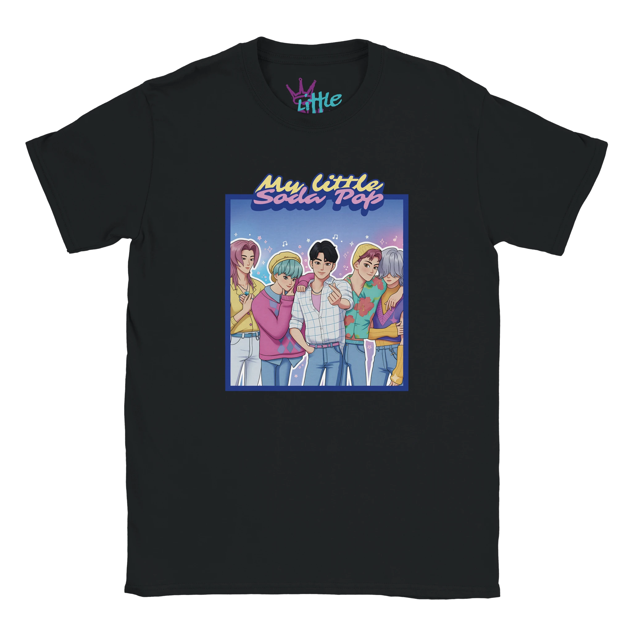 The Little Cult “My Little Soda Pop x Deokhu Kids T-Shirt” in black features five animated kids, center holding a soda, with My Little Soda Pop text—ideal for K-Pop fans or BTS-inspired gifts.