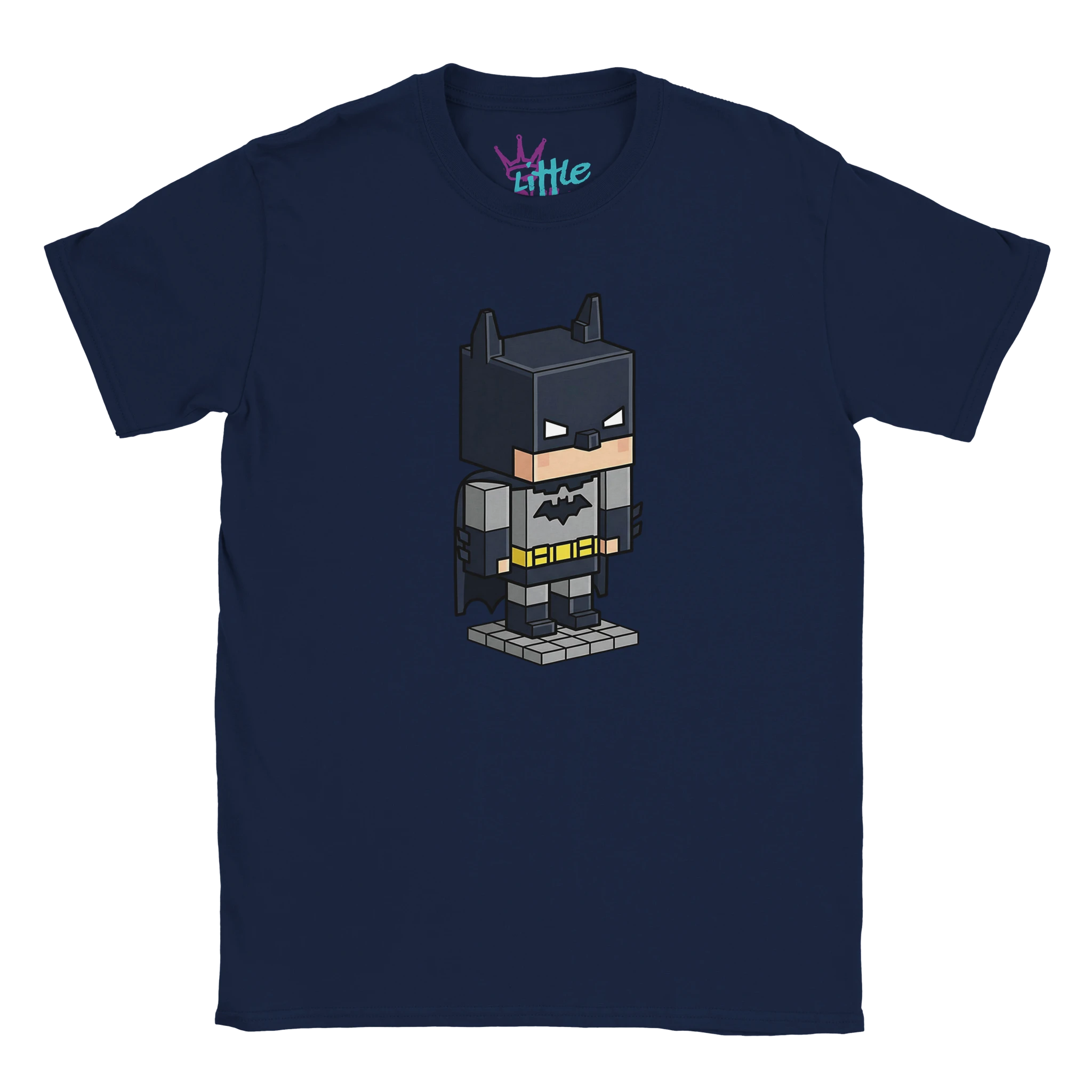 The Voxel Knight x Mined Kids T-Shirt by Little Cult showcases a navy blue Minecraft-inspired Batman design—block-style with black mask, cape, suit, yellow belt, and bat symbol. The inner collar features a colorful Little Cult logo for young Batman fans.