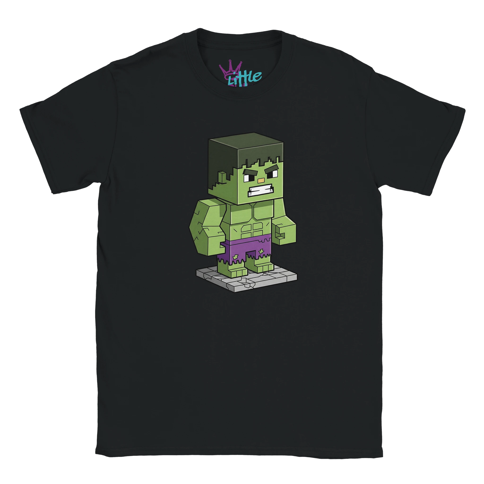 The Gamma Mine x Mined Kids T-Shirt by Little Cult features a blocky, voxel-style green Hulk in purple shorts on a gray platform, with Little printed on the inside neck label.