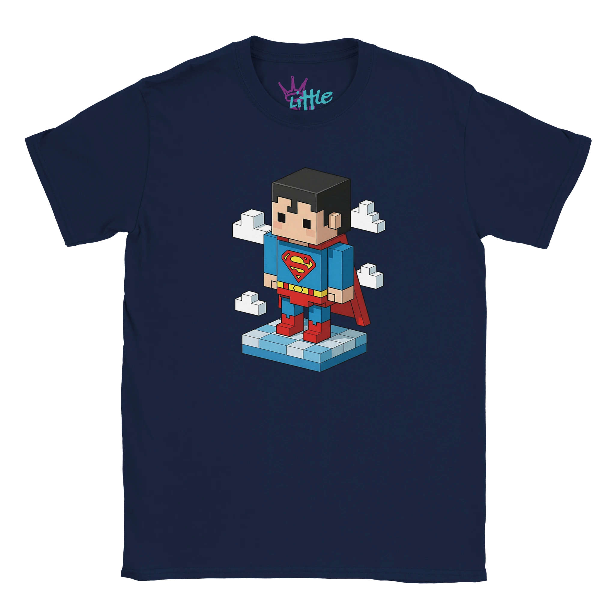 The Man of Voxel x Mined Kids T-Shirt by Little Cult features a navy blue tee with a voxel art Superman on a platform amid clouds, capturing a playful Minecraft-inspired superhero look.
