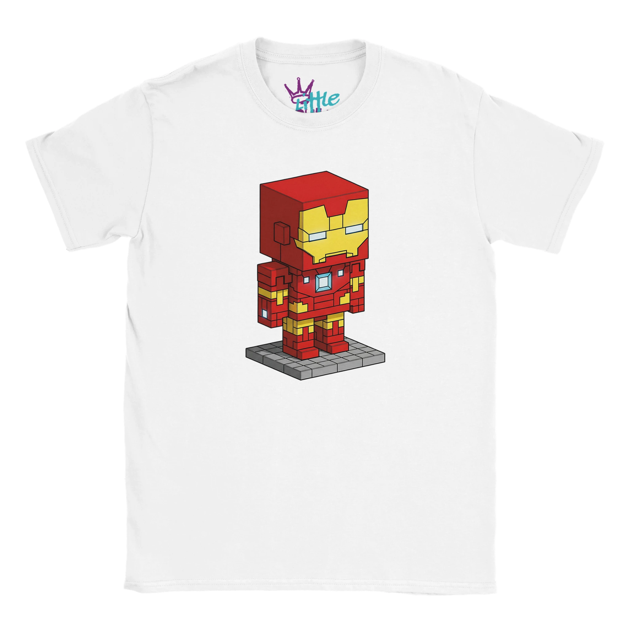 The Iron Forge x Mined Kids T-Shirt by Little Cult features a voxel art Iron Man standing on a gray platform, centered on the chest in a pixelated block-style graphic.
