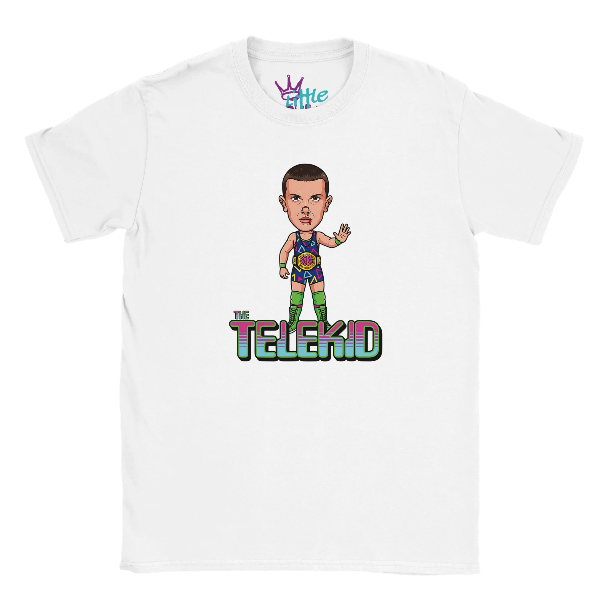 The Telekid x Champions Kids T-Shirt by Little Cult features a colorful superhero cartoon and bold “THE TELEKID” text, inspired by Stranger Things tees.