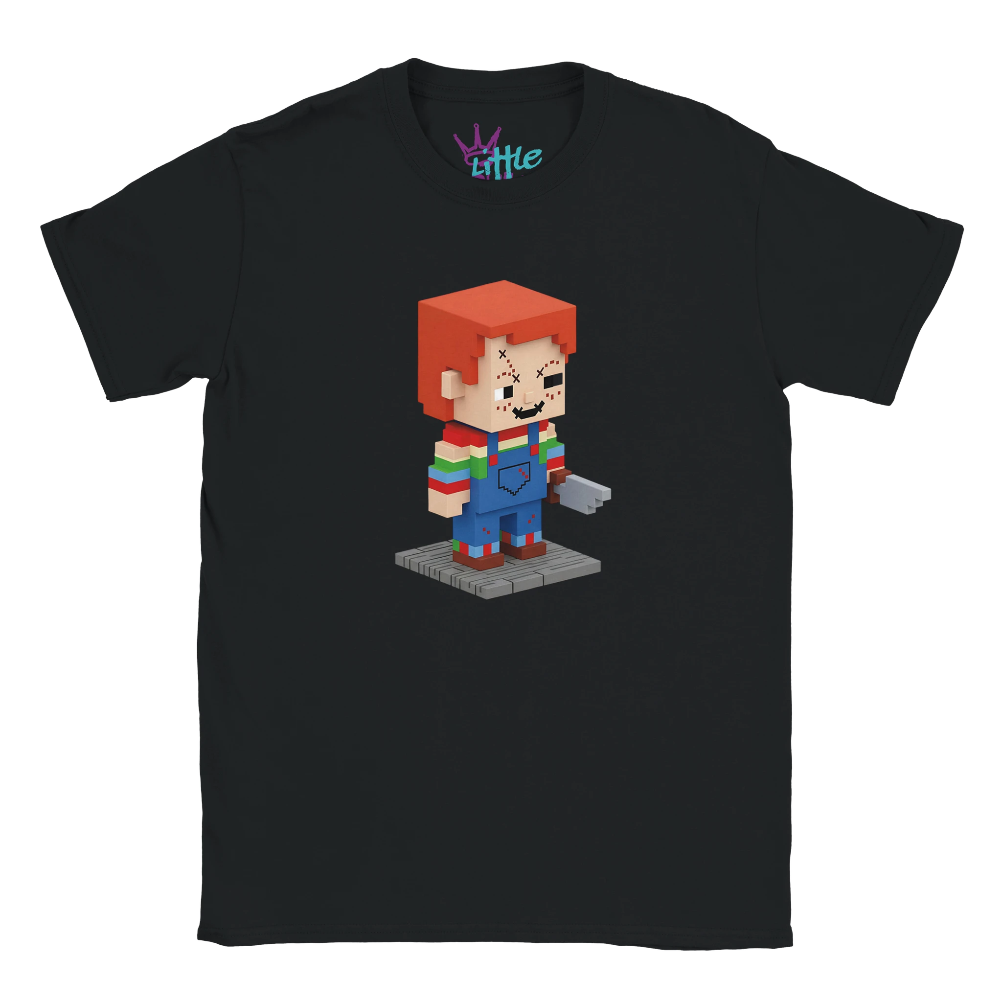 The Doll Forge x Mined Kids T-Shirt by Little Cult features black voxel art of a red-haired, blocky character in a striped shirt and blue overalls, holding a gray object and standing on a gray platform.