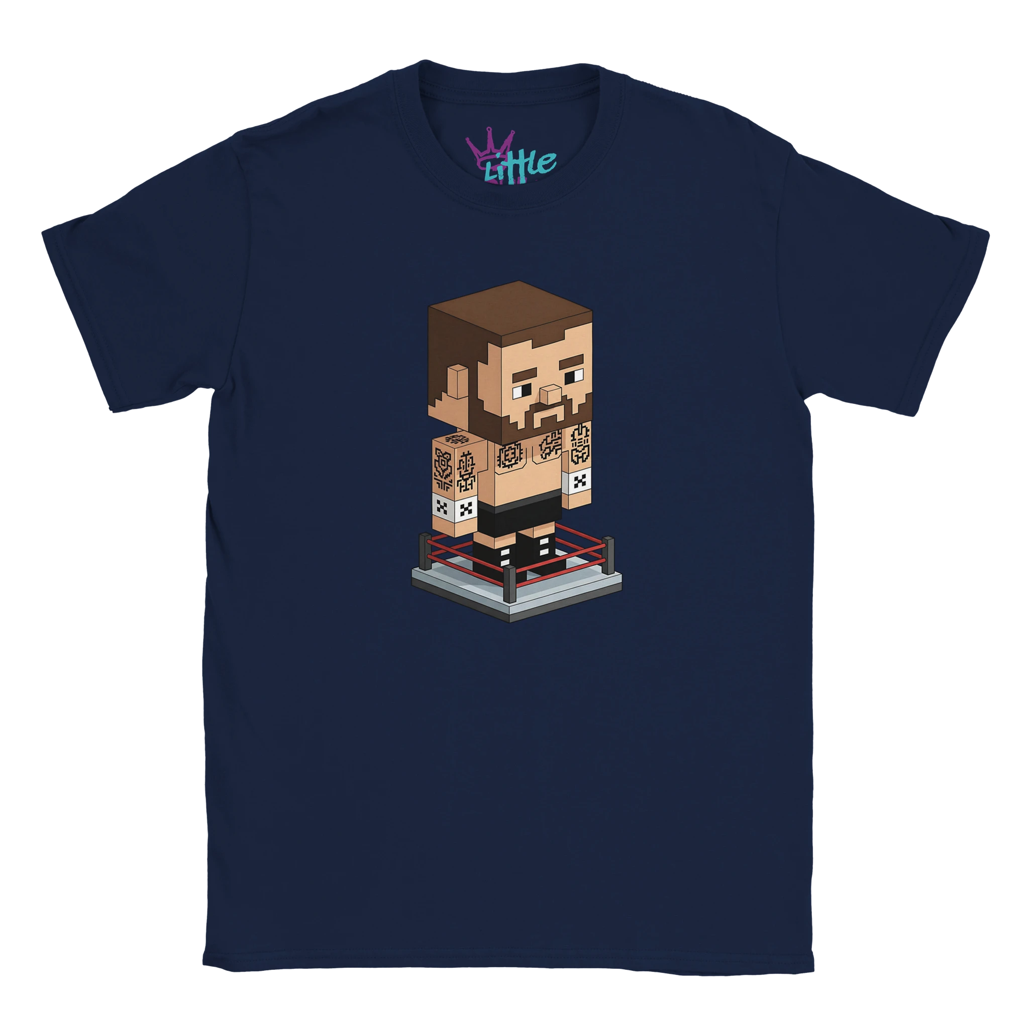 The Punk Stone x Mined Kids T-Shirt by Little Cult is a navy blue tee featuring a pixel art wrestler with tattoos in a mini wrestling ring, inspired by WWE voxel art and gaming culture. Little is printed on the inside collar.