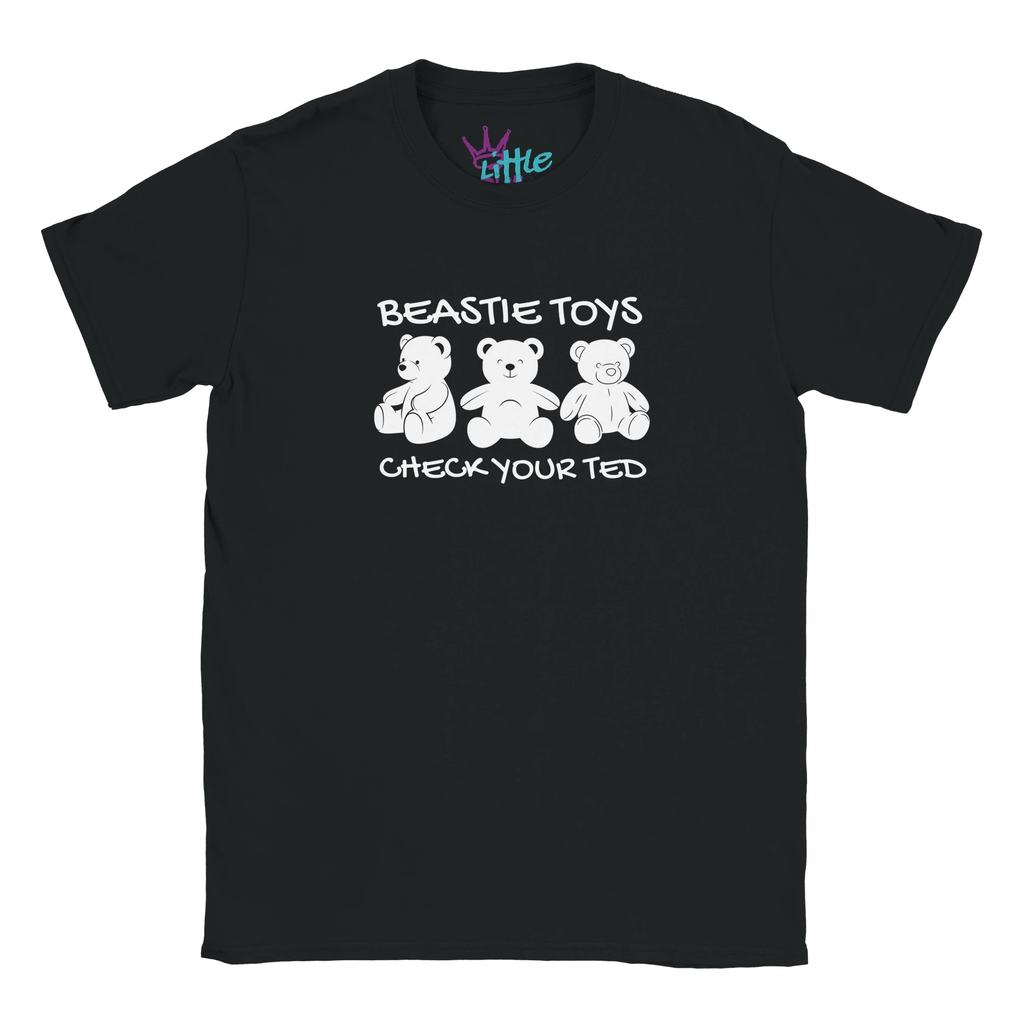 The Little Cult Beastie Toys x Riffs Kids T-Shirt features three white cartoon teddy bears, playful “BEASTIE TOYS” and “CHECK YOUR TED” text—a durable unisex tee inspired by hip hop style and perfect for kids.