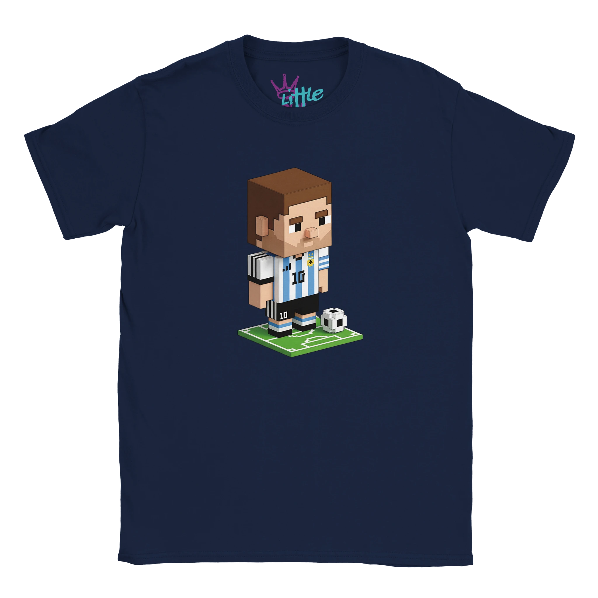 The Little Cult GOAT Voxel x Mined Kids T-Shirt is a navy blue tee with a pixel art soccer player in an Argentina #10 jersey, inspired by Messi Minecraft, standing on a small soccer field beside a ball.