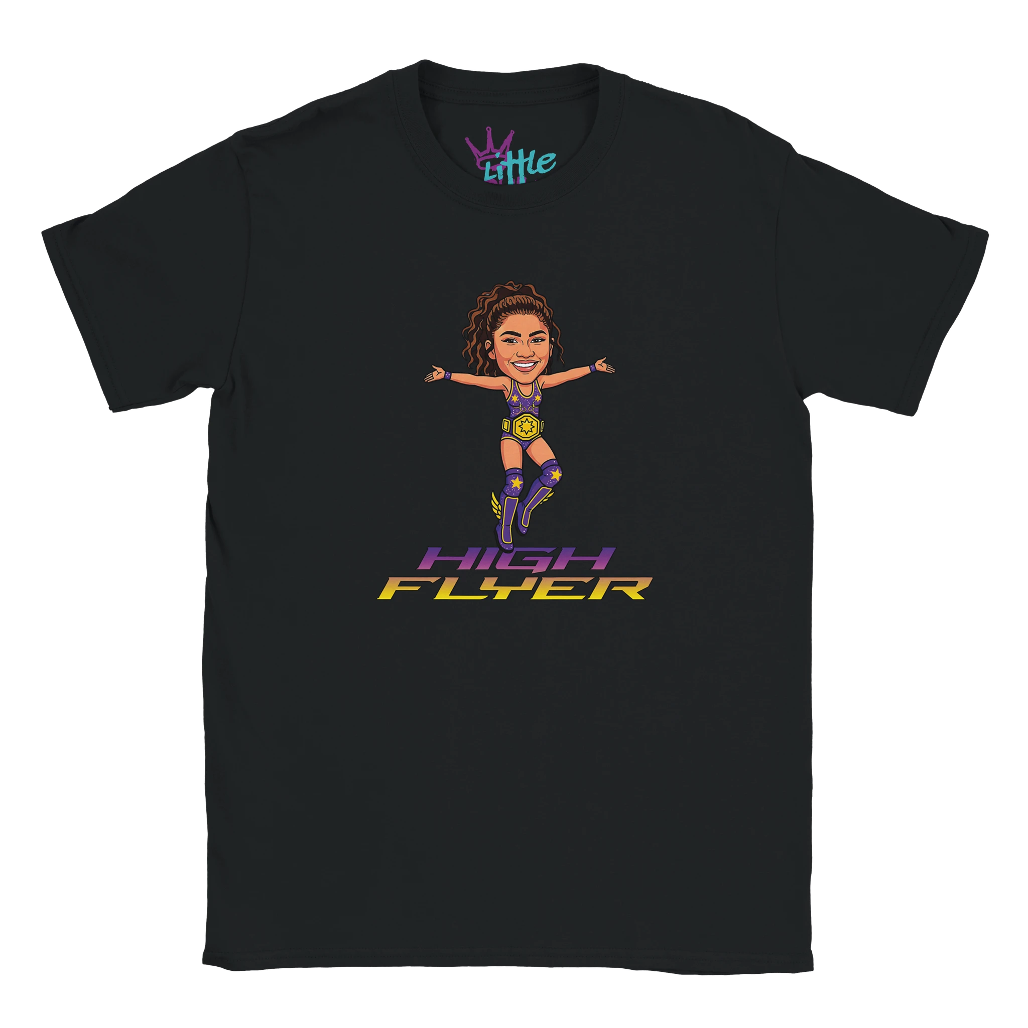 The Little Cult High Flyer x Champions Kids T-Shirt is a black tee with a cartoon woman in purple and yellow jumping, inspired by Zendaya. “HIGH FLYER” appears below her in bold purple and yellow text.