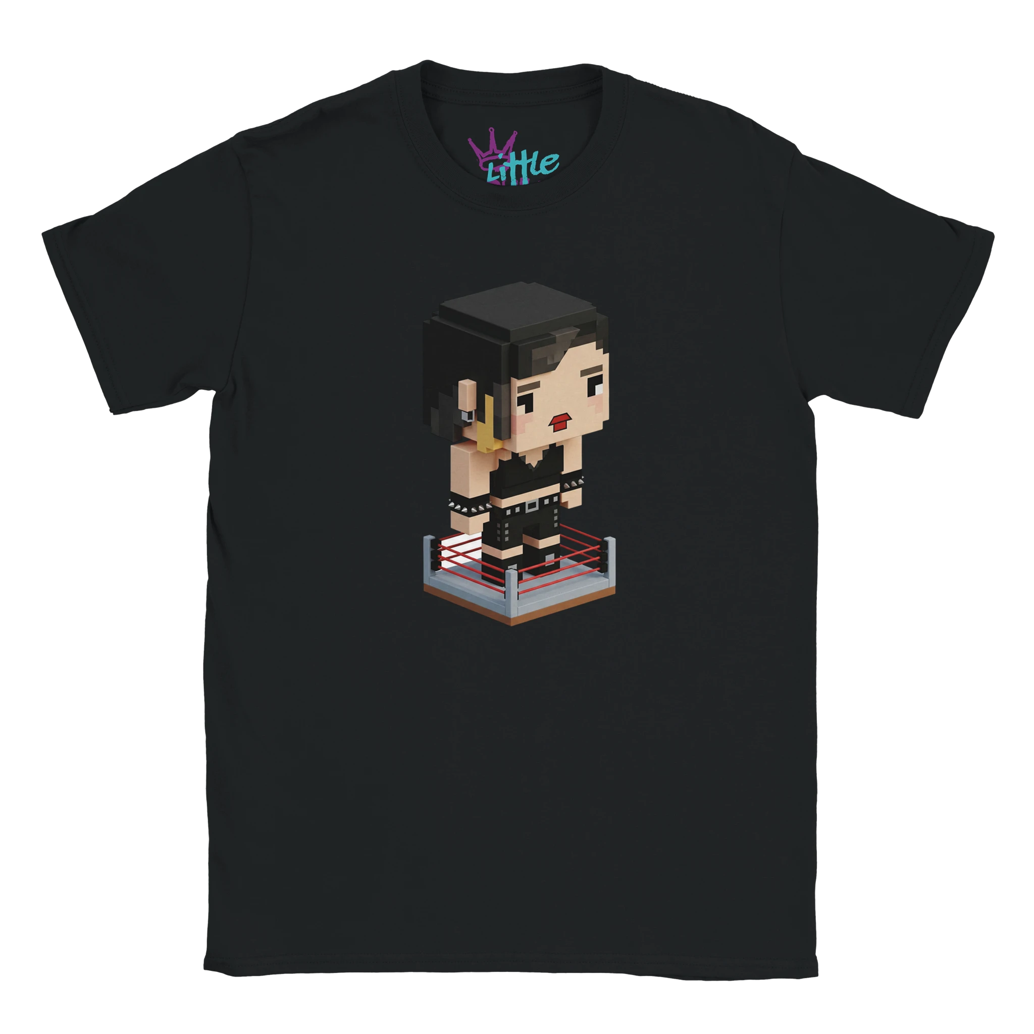 The Eradicator Stone x Mined Kids T-Shirt by Little Cult features a pixel art figure with short dark hair and black attire in a wrestling ring—ideal for WWE fans and Minecraft-loving kids.