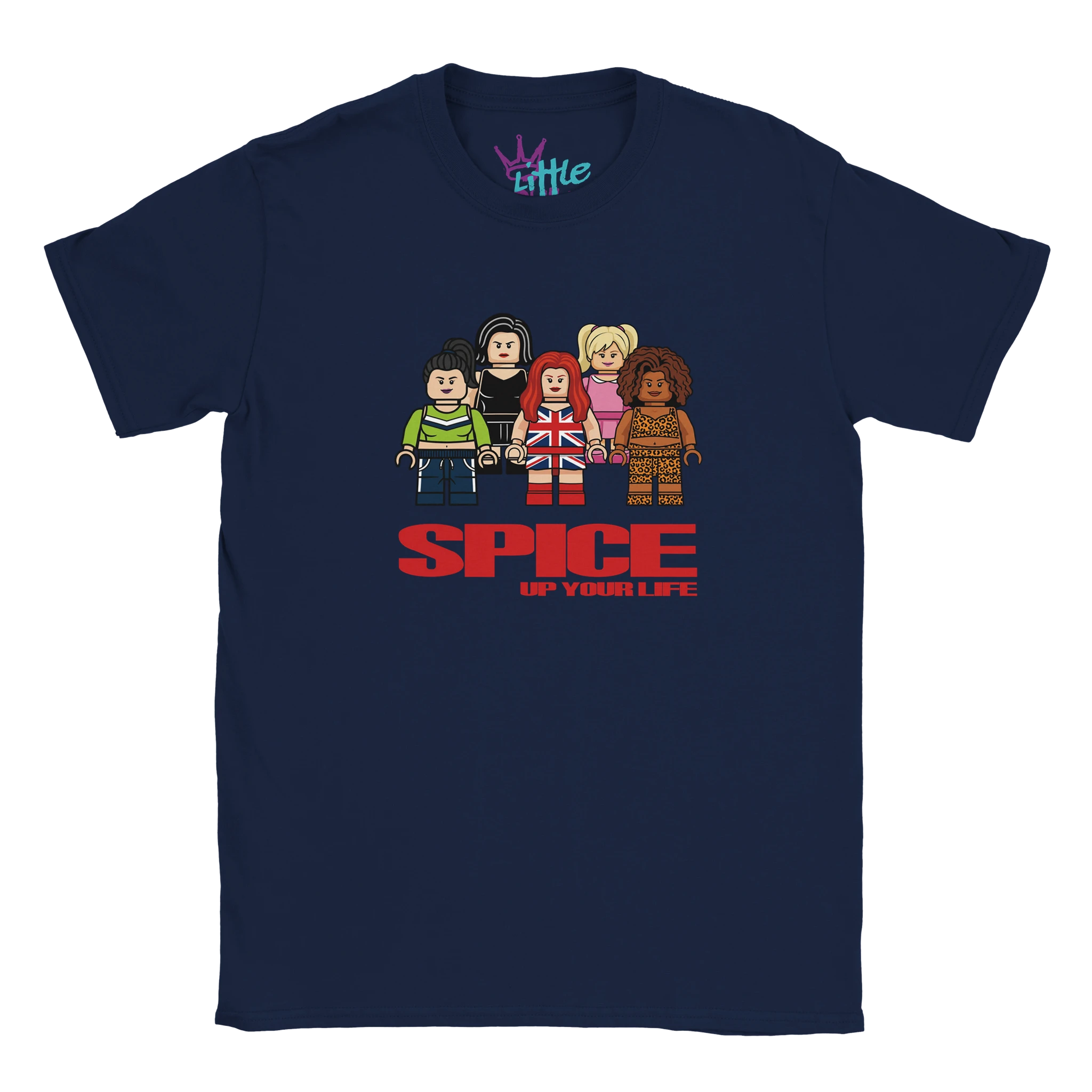 The Little Cult Spice Up Your Brick Girl Power x Blocks Kids T-Shirt features five LEGO-style figures above “SPICE UP YOUR LIFE” in bold red—perfect for celebrating girl power and 90s pop culture.