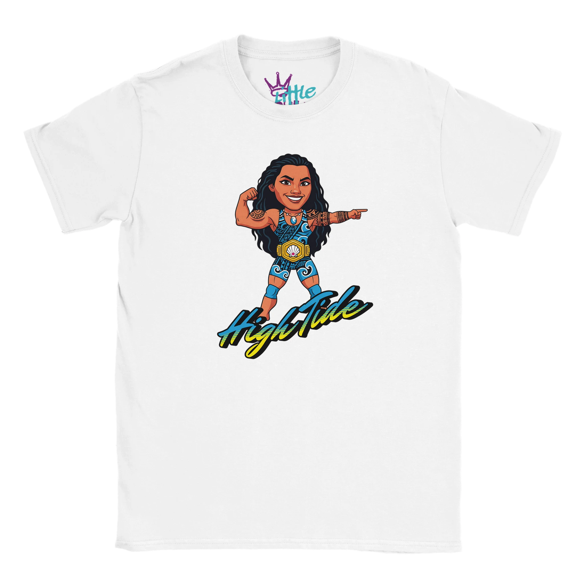 The High Tide x Champions Kids T-Shirt by Little Cult showcases a cartoon of a strong woman with long dark hair and a championship belt, plus HighRule in vibrant letters—perfect for WWE or Moana fans.
