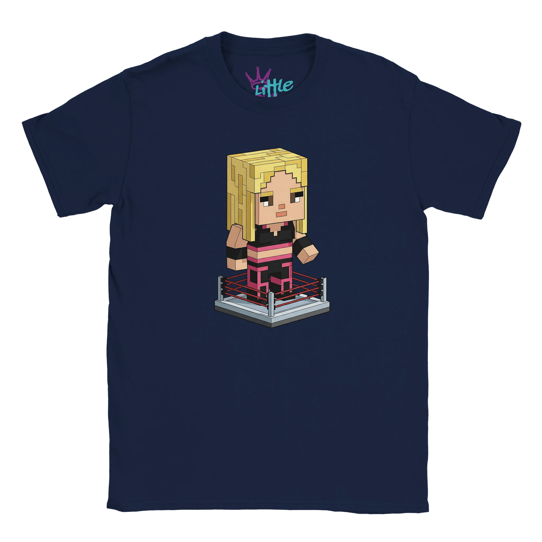 The Rebel Chunk x Mined Kids T-Shirt by Little Cult is a navy tee featuring pixel art of a Liv Morgan-inspired blonde character in a pink and black outfit, standing in a wrestling ring. Great for WWE and Minecraft fans. Brand name printed inside the collar.