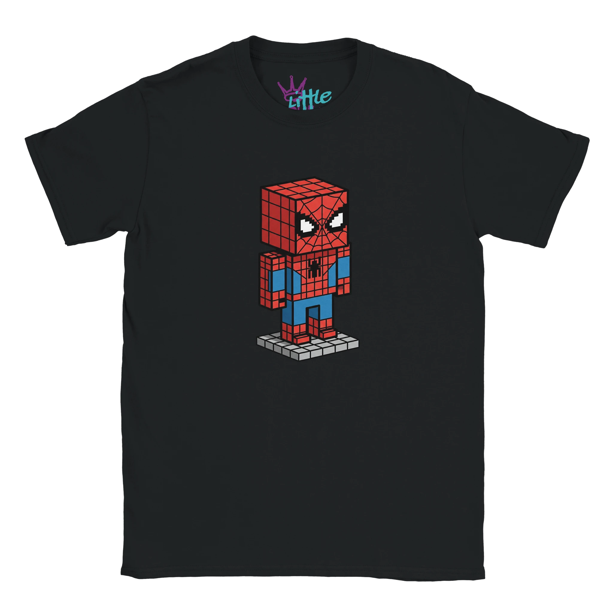 The Little Cult Web Forge x Mined Kids T-Shirt features a pixelated cartoon hero in a web costume on a gray platform—perfect Minecraft-inspired apparel for young Marvel fans and collectors.