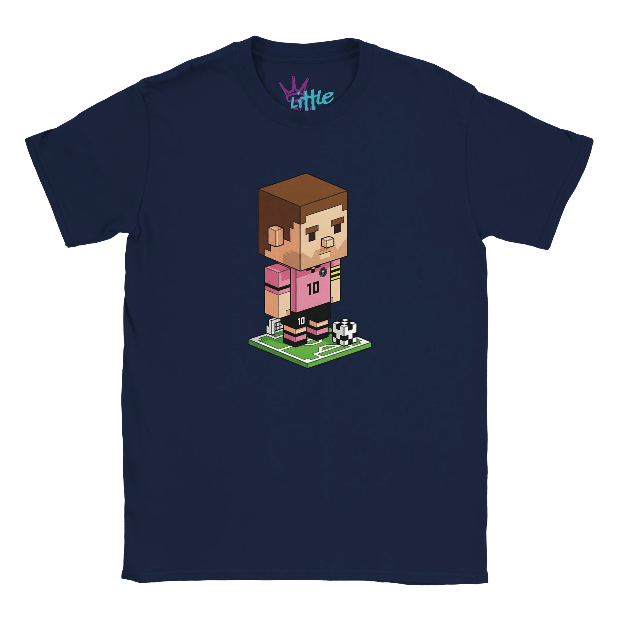 The Miami Craft x Mined Kids T-Shirt by Little Cult is a navy blue tee featuring pixel art of a soccer player in a pink #10 jersey on a green field with ball—ideal for Minecraft fans and kids’ soccer clothing lovers.