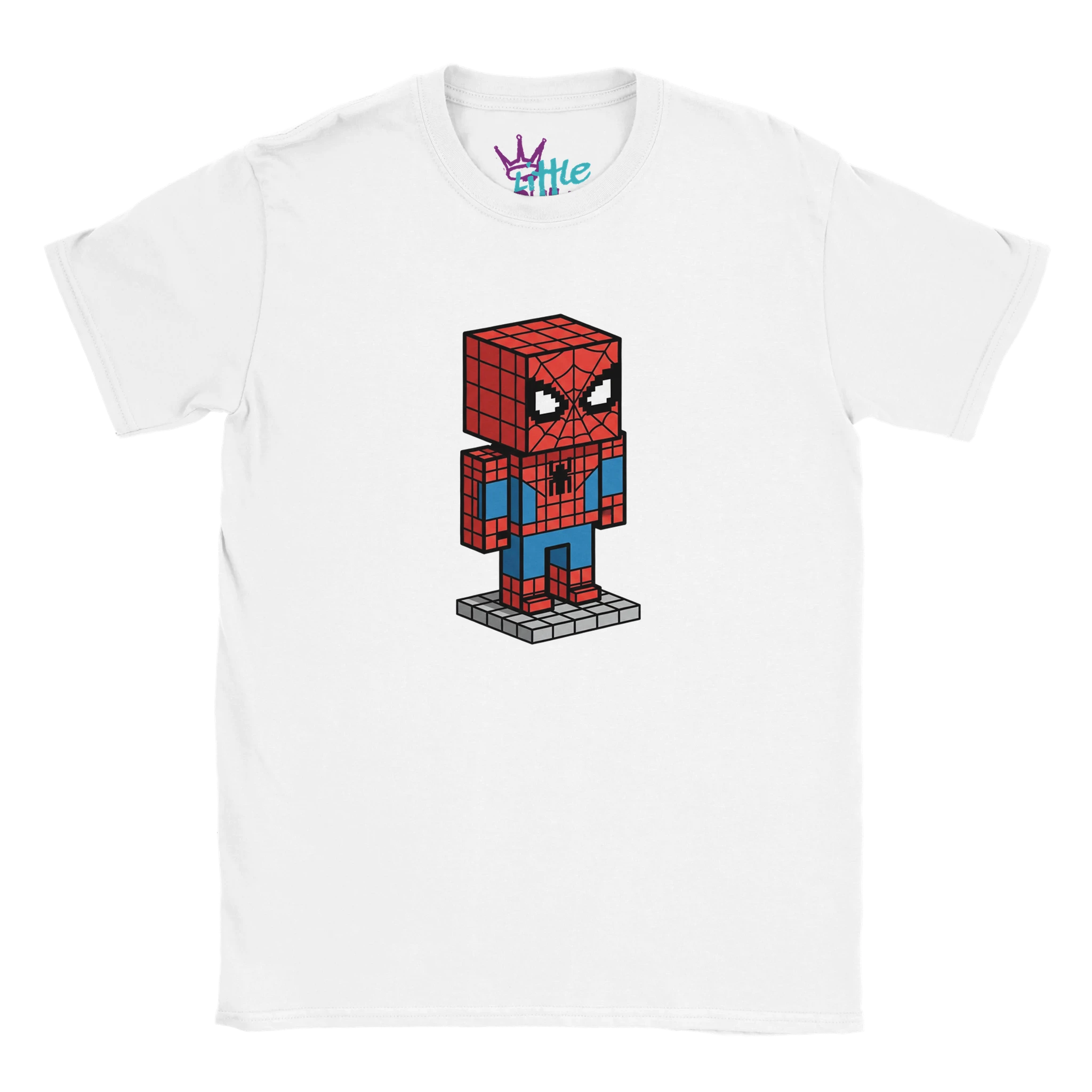 The Web Forge x Mined Kids T-Shirt by Little Cult features a pixel-style Spider-Man on a gray platform—perfect for Minecraft fans or Marvel collectors seeking unique kids’ clothing.