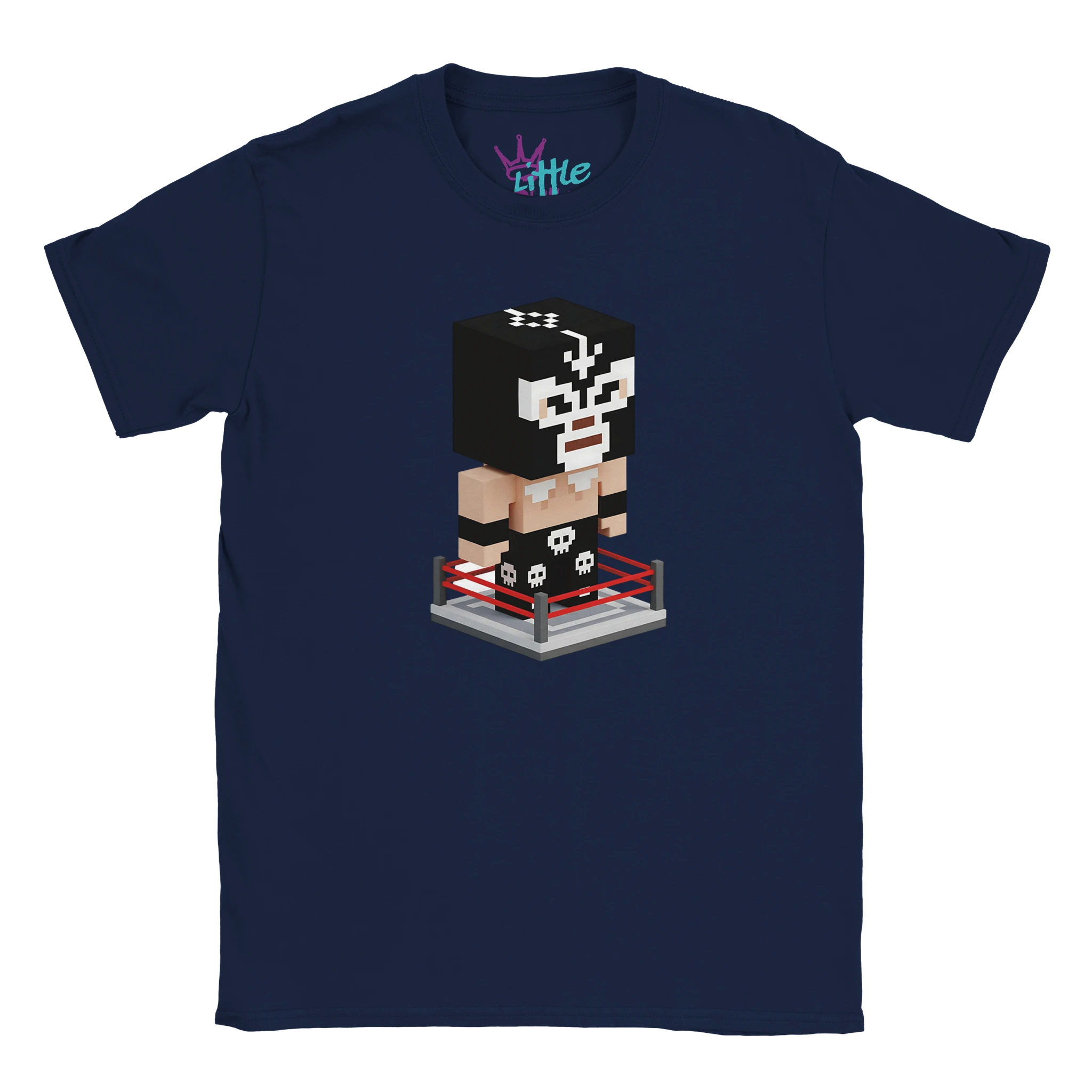 The Mask Forge x Mined Kids T-Shirt by Little Cult features a voxel-art lucha libre wrestler in a black mask and outfit, standing in a small red-roped ring, printed on navy blue fabric.