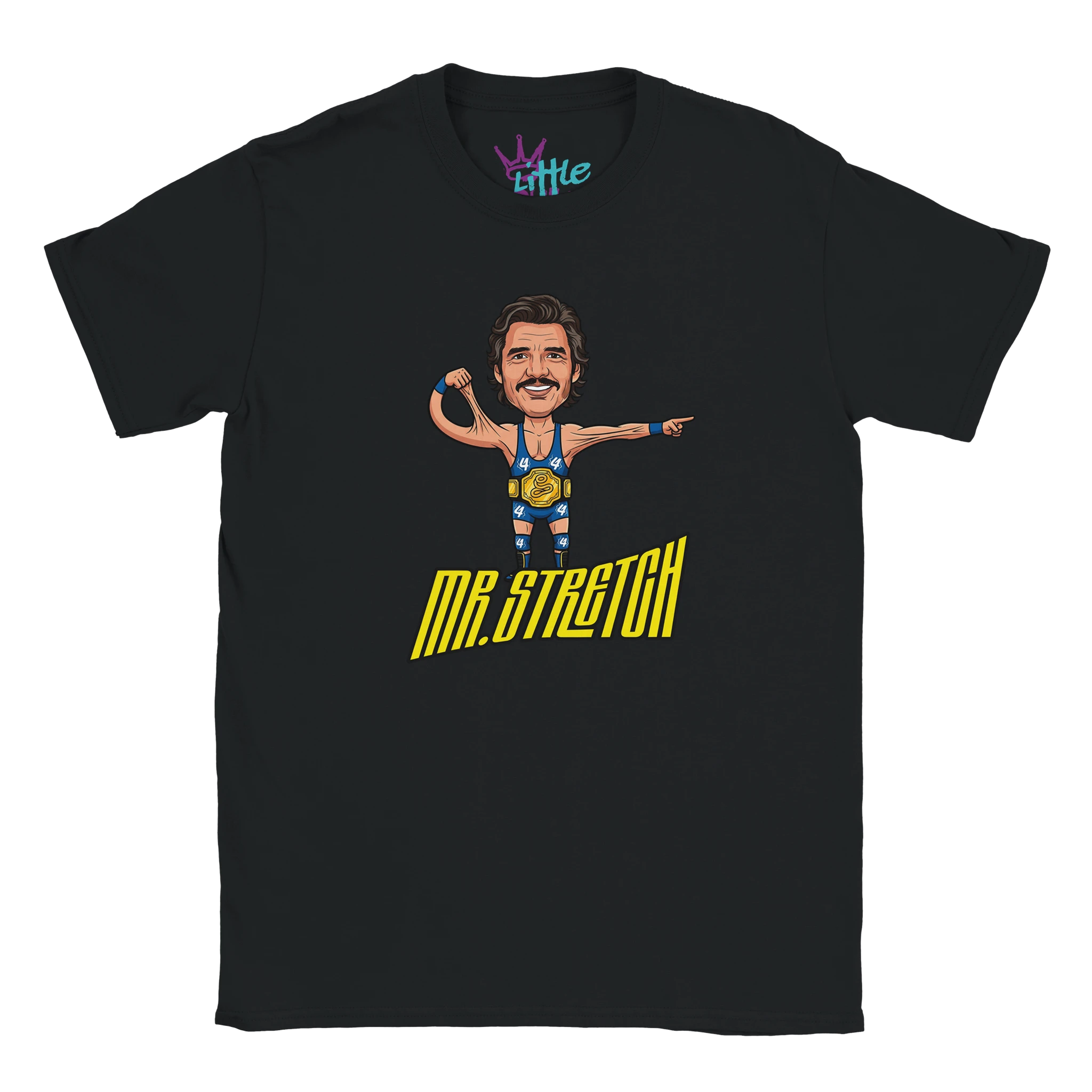 The Little Cult Mr Stretch x Champions Kids T-Shirt features a cartoon wrestler with a mustache flexing in blue gear and a championship belt, with MR. STRETCH in yellow below—a playful nod to wrestling pop culture.