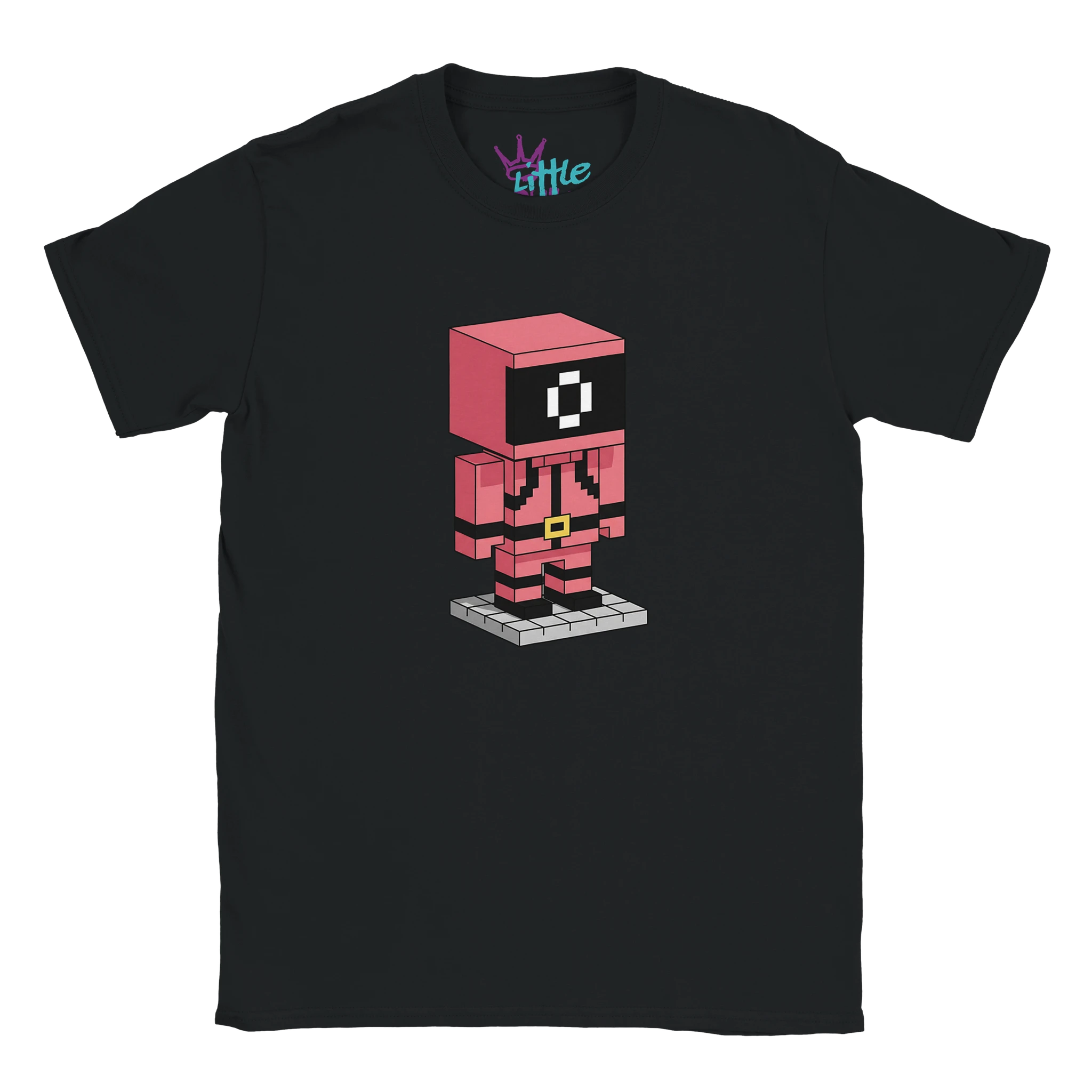 The Guard Mine x Mined Kids T-Shirt by Little Cult is a black tee featuring a pixelated red character with a mask and white eyes, inspired by Squid Game Minecraft. “Little” is printed inside the collar; perfect graphic tee for kids.