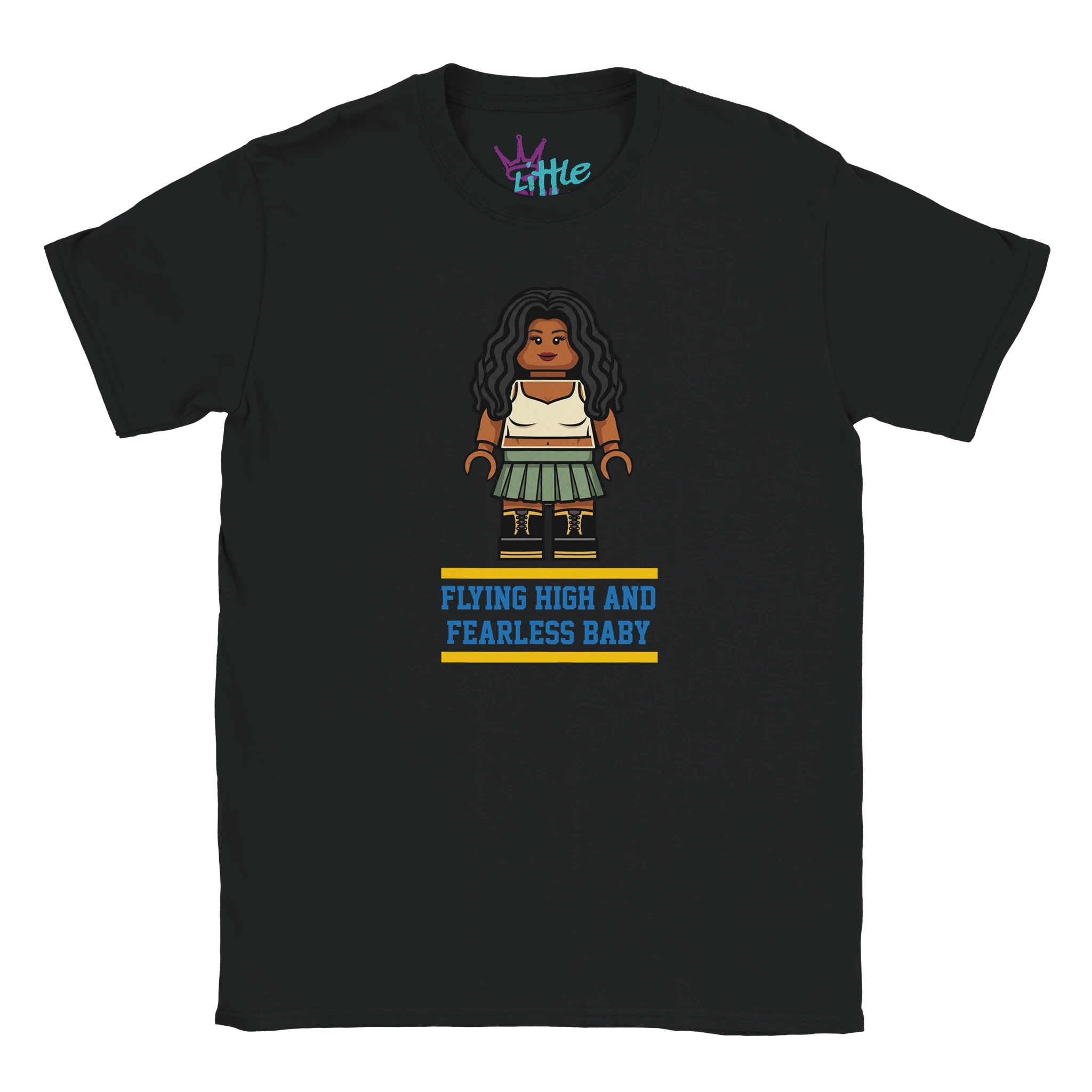 The Brick Ctrl Soul x Blocks Kids T-Shirt by Little Cult features block-style art of a woman with long dark hair, cream top, green skirt, and “FLYING HIGH AND FEARLESS BABY” in blue/yellow. Part of the Little Cult Blocks Collection.