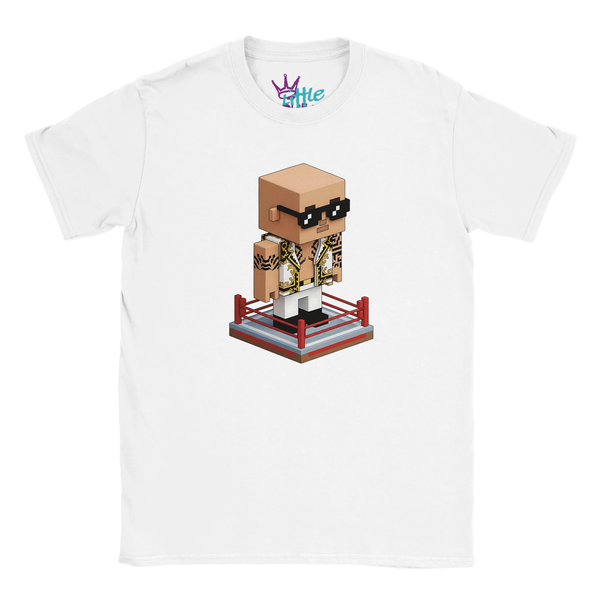 The Final Boss Forge x Mined Kids T-Shirt by Little Cult features a pixel-art wrestler with sunglasses and a patterned jacket in a red ring—perfect for young fans of wrestling and Minecraft!.