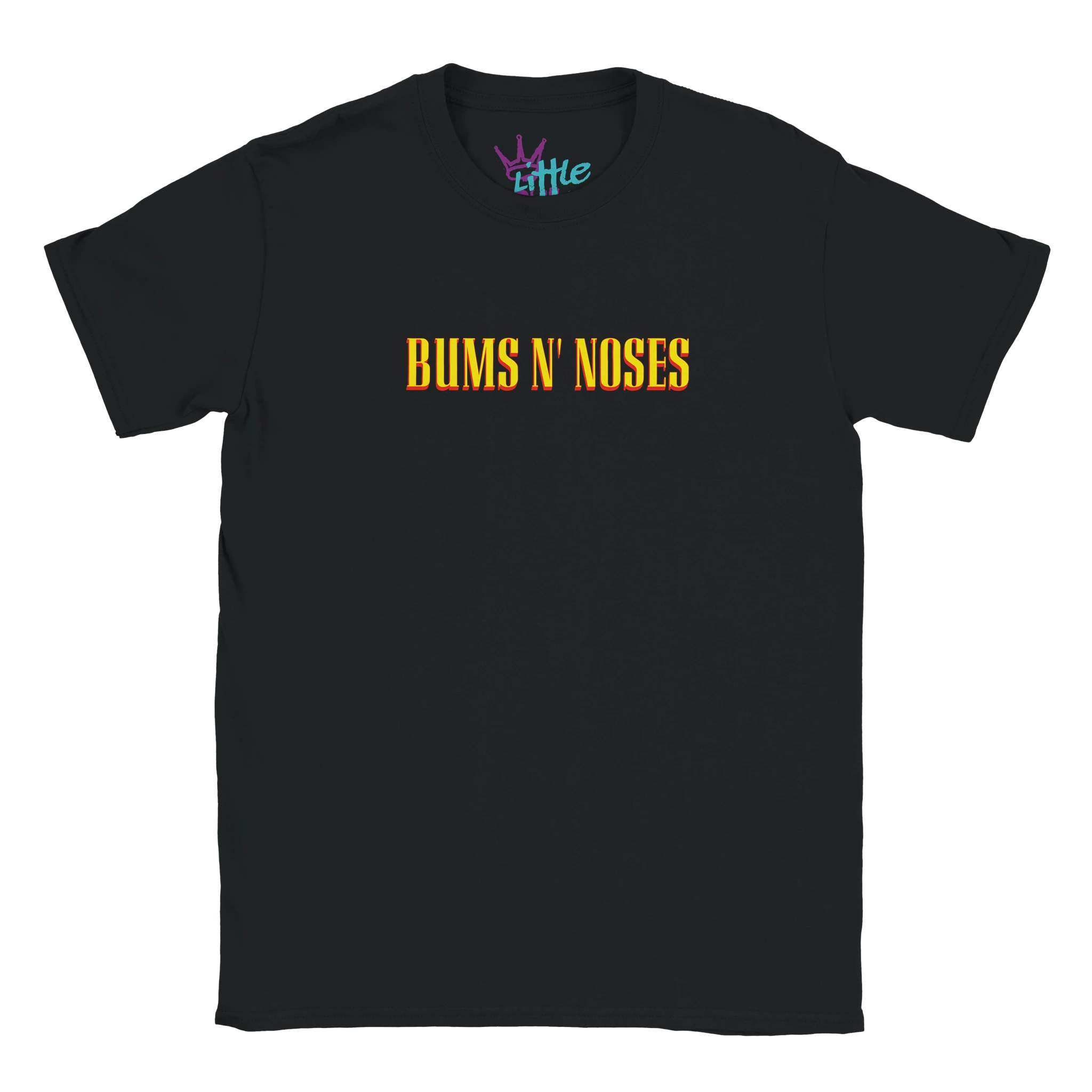 The Bums N’ Noses x Riffs Kids T-Shirt by Little Cult features “BUMS N’ NOSES” in bold yellow letters on a soft black cotton tee. The neck tag includes a colorful Little Cult logo for extra style and comfort.