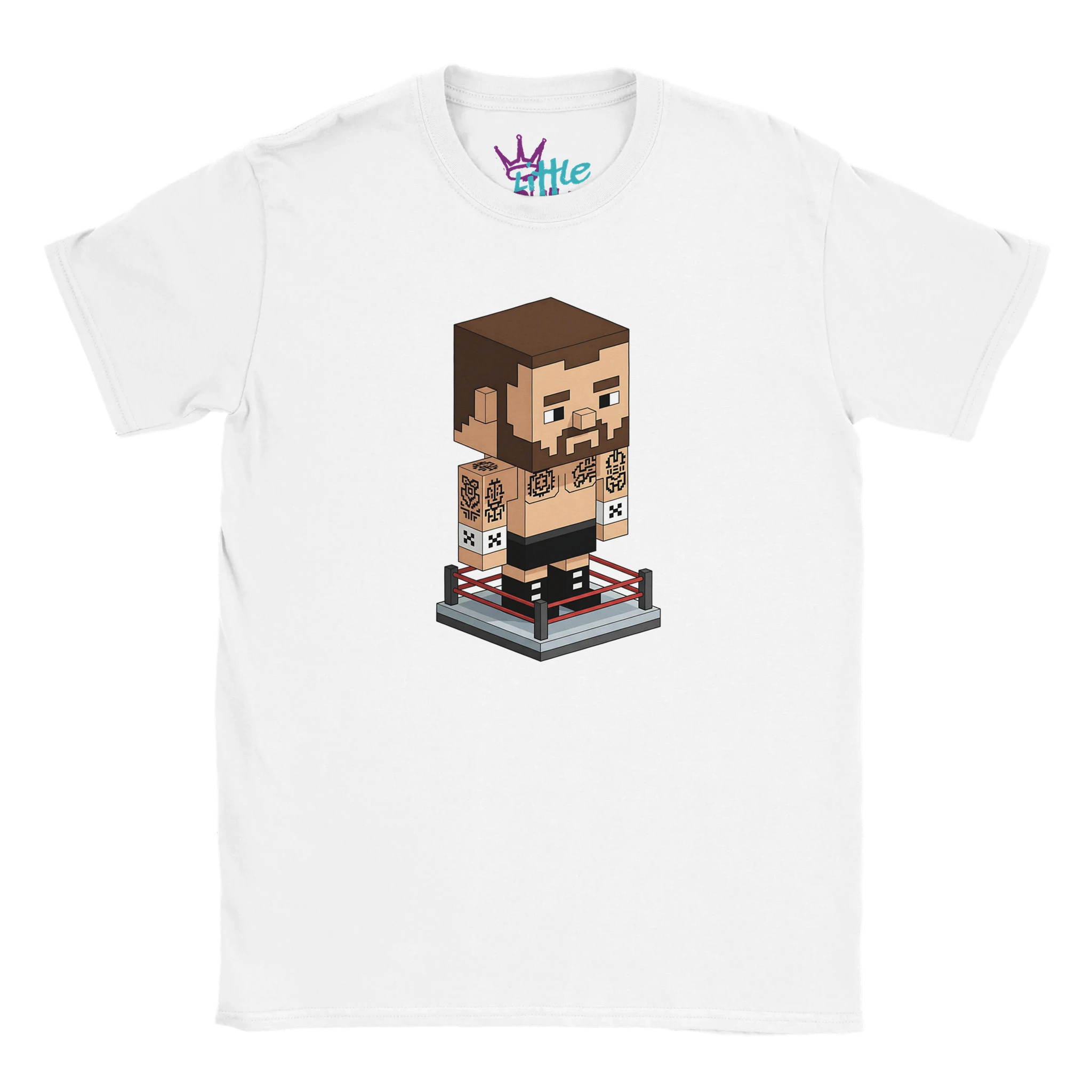 The Little Cult Punk Stone x Mined Kids T-Shirt features a pixel art wrestler with a beard and tattoos in the ring, sporting black trunks and boots—a perfect pick for gaming culture fans.