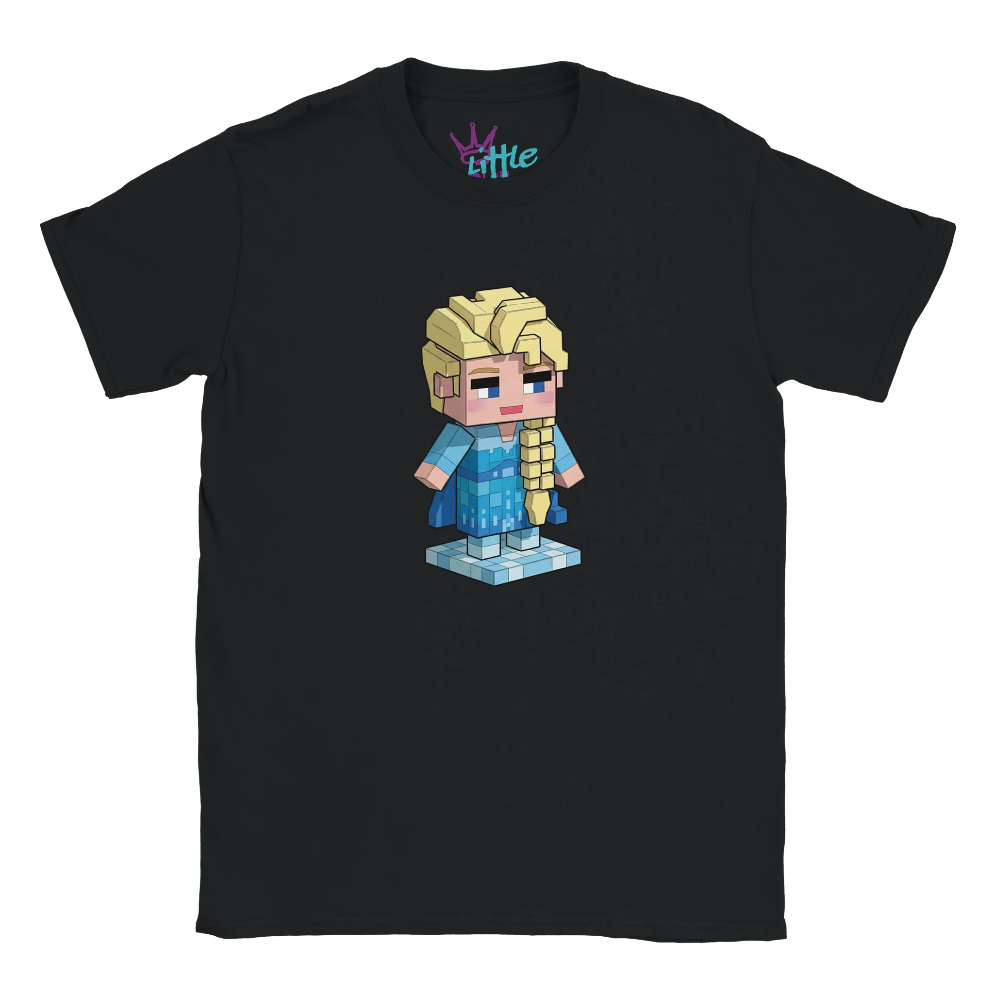 Little Cult’s Ice Voxel x Mined Kids T-Shirt features Elsa in voxel art—blonde braid, blue dress, cape, and icy platform. Ideal Frozen Minecraft-inspired clothing for fans seeking unique Frozen merchandise.