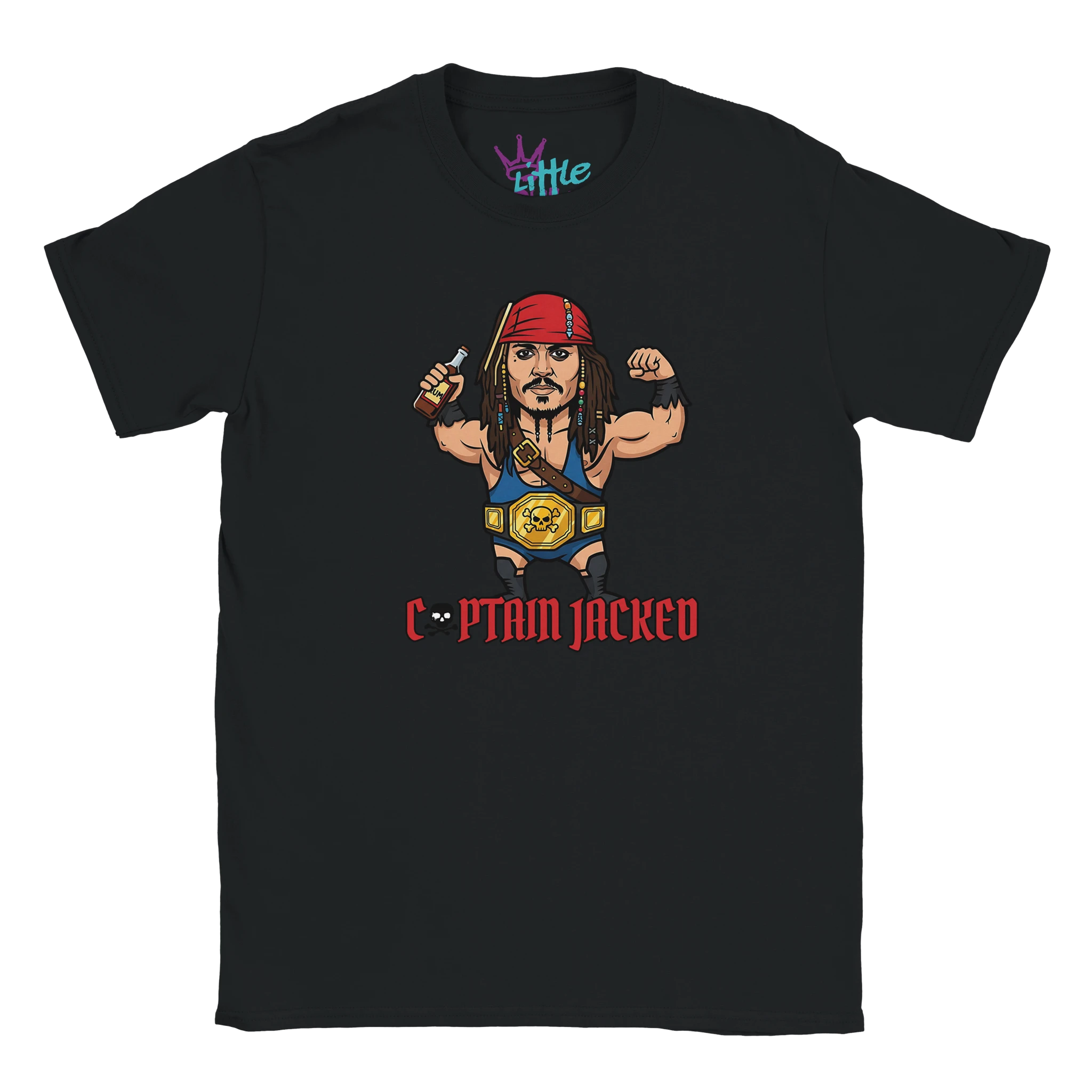 The Little Cult Captain Jacked x Champions Kids T-Shirt features a cartoon pirate with a red bandana, sword, and championship belt. Bold Captain Jacked text appears below, creating a playful wrestling parody on a black tee.