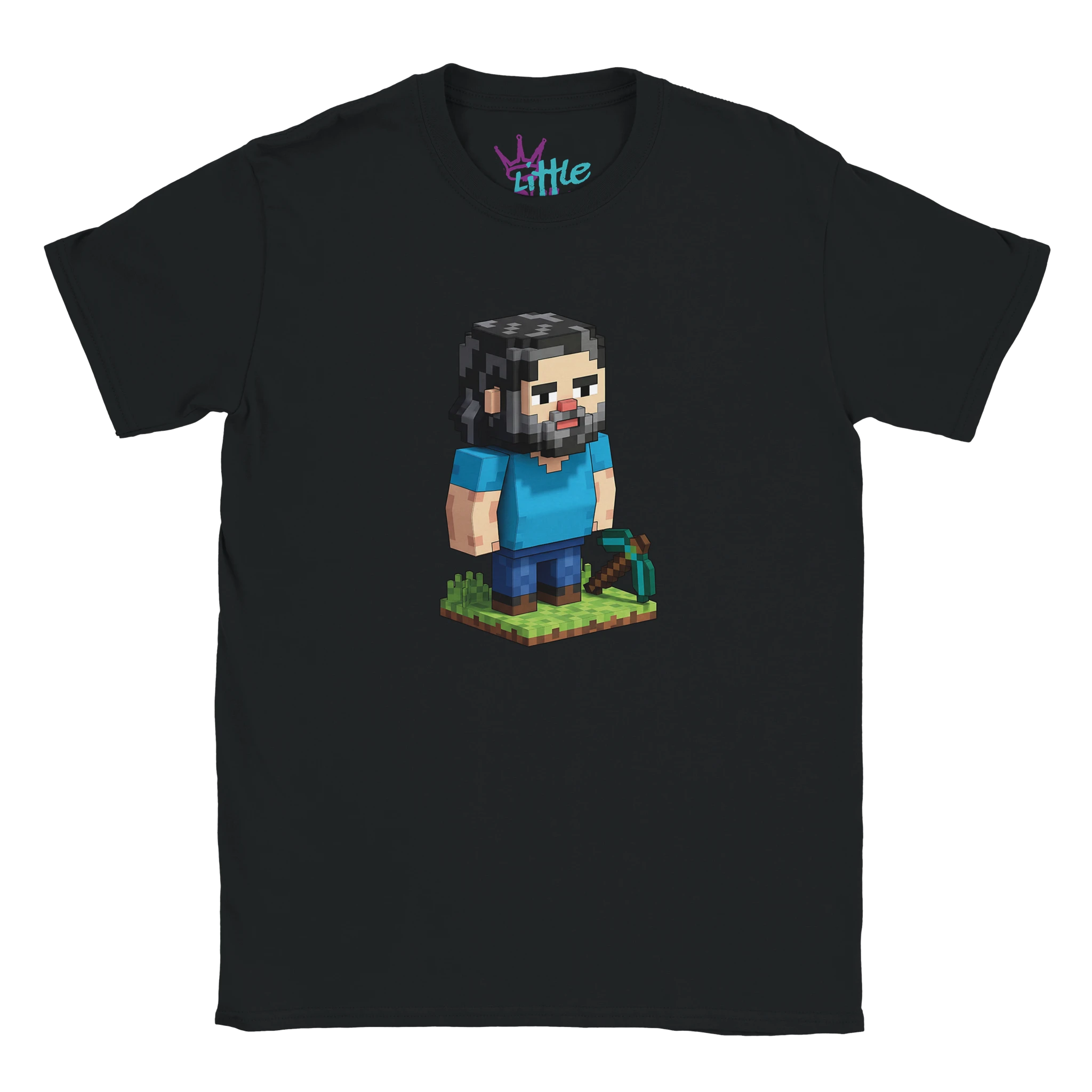 The Tenacious Craft x Mined Kids T-Shirt by Little Cult features a pixel art character with black hair, blue shirt, and beard holding a green bow on grass in iconic Minecraft-style voxel art.