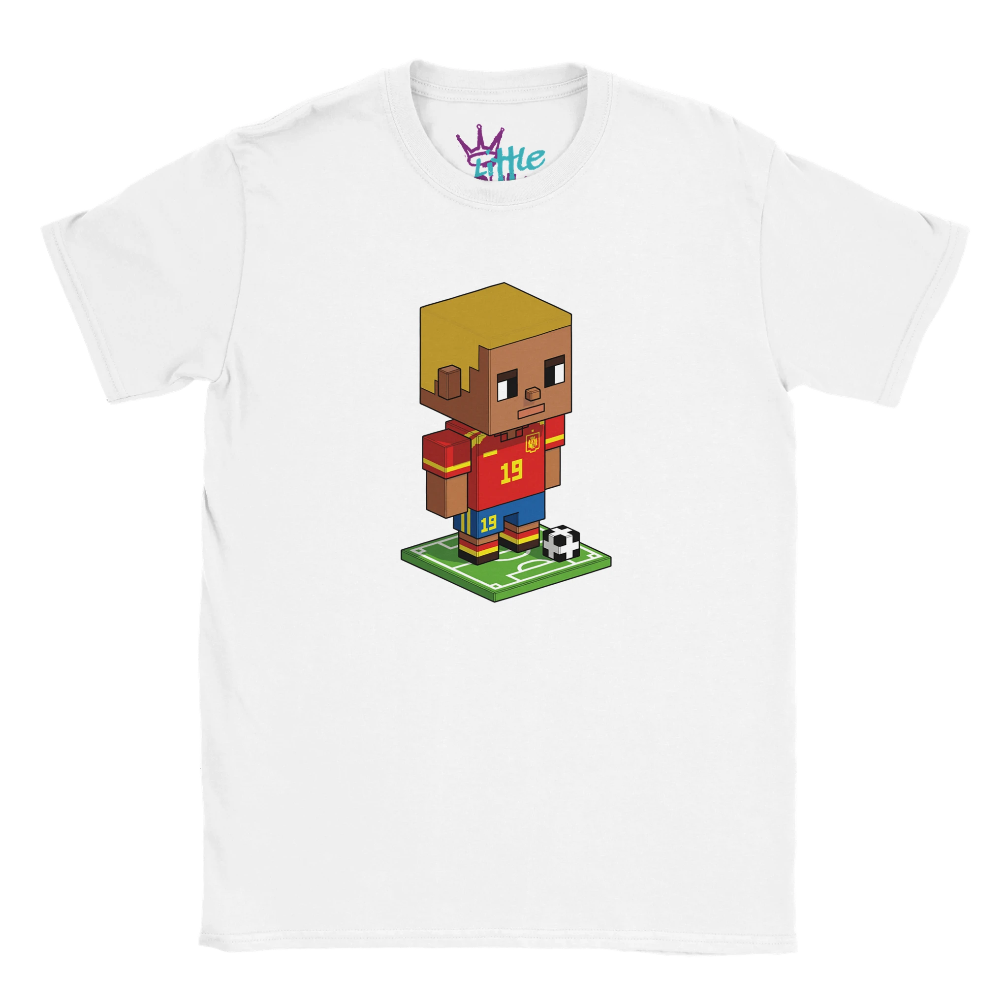 The Little Cult Prodigy Mine x Mined Kids T-Shirt features a voxel art soccer player in a red #19 jersey on green grass, ideal for sporty kids and Minecraft fans.