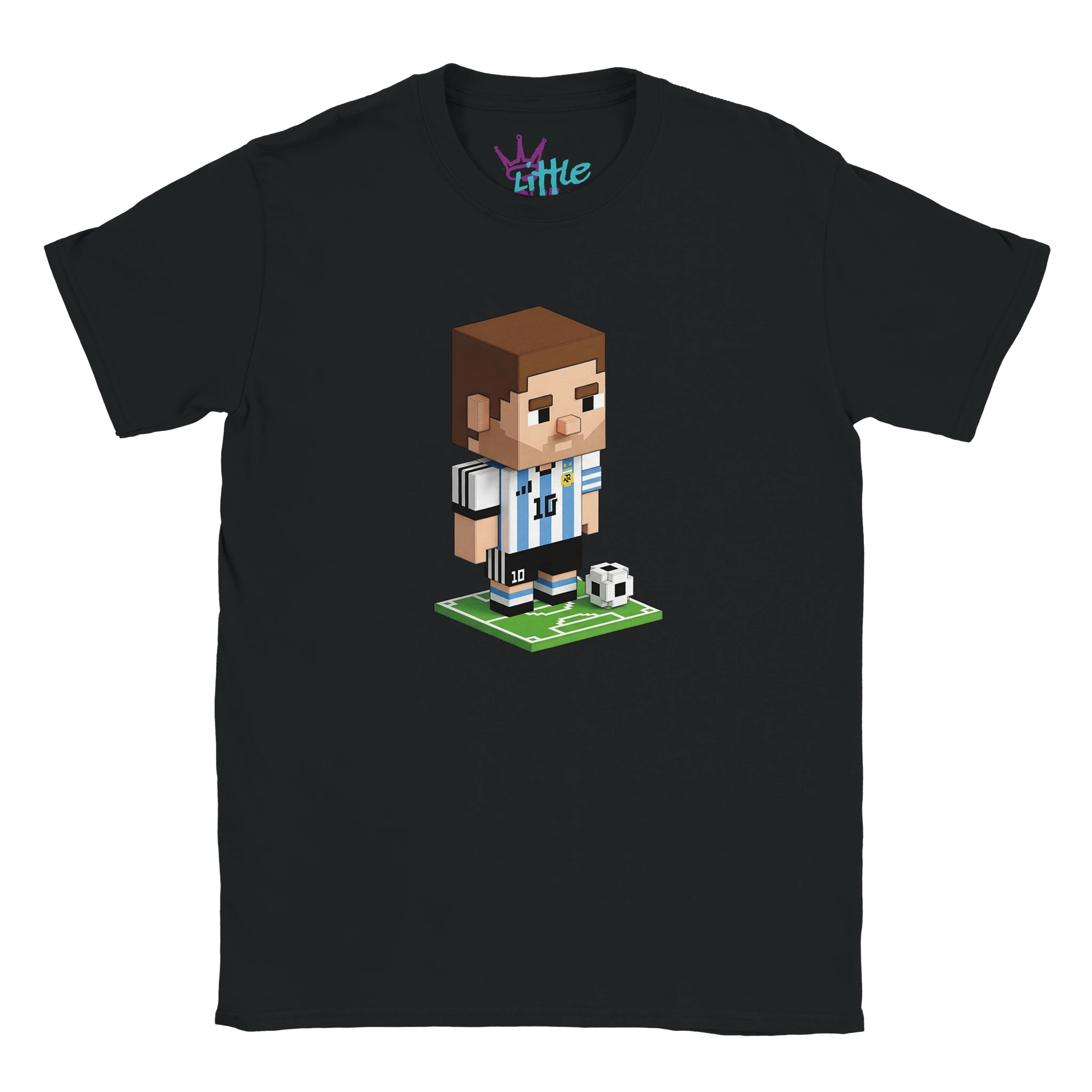 The Little Cult GOAT Voxel x Mined Kids T-Shirt is a black tee with a pixel art soccer player in an Argentina #10 jersey on a green pitch, ideal for young fans of Minecraft style and Messi.