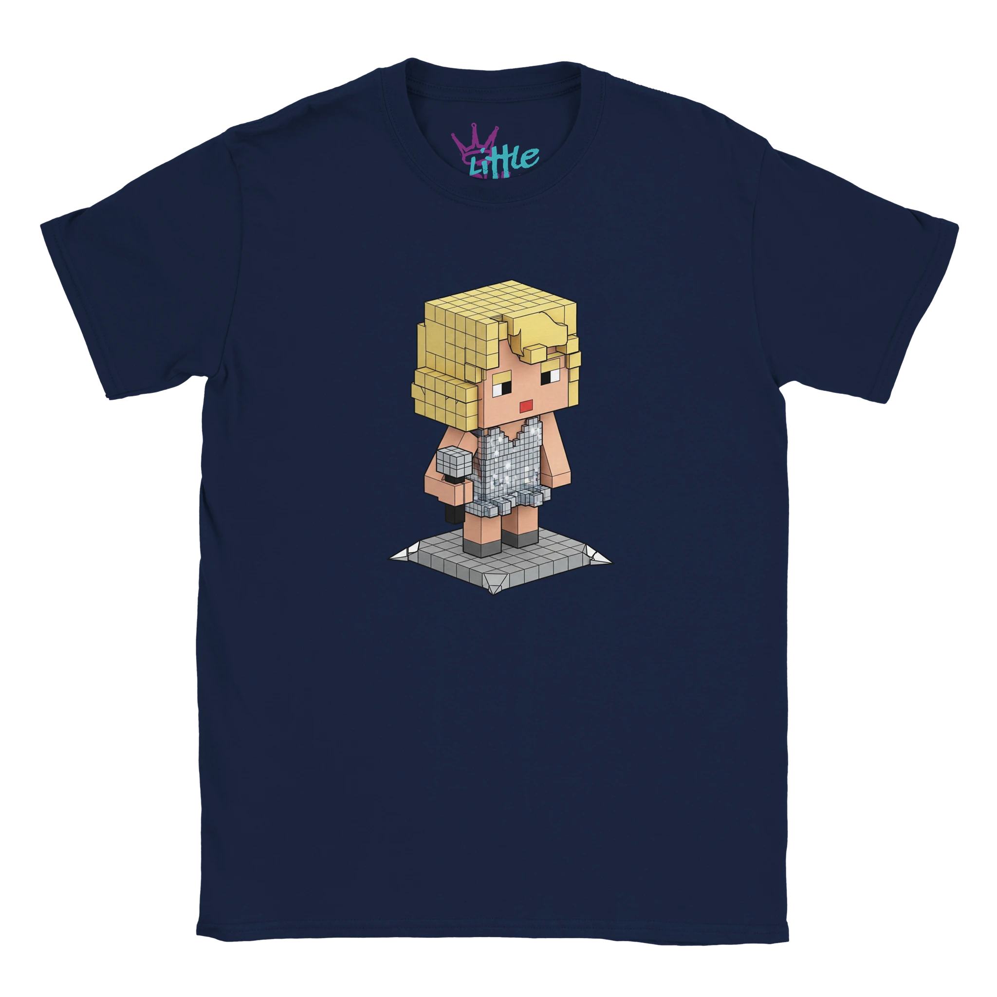 The Little Cult Heartbreaker Chunk x Mined Kids T-Shirt features a voxel art character with blonde hair and a sparkly silver dress on a platform—ideal for Minecraft-loving kids.