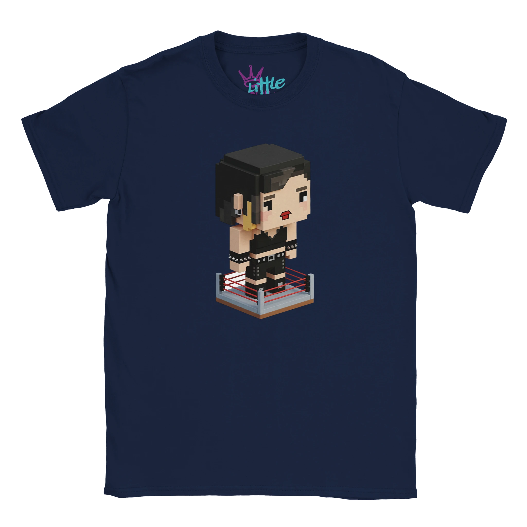 The Eradicator Stone x Mined Kids T-Shirt by Little Cult is a navy tee with a pixelated 3D character in a wrestling ring and Little in playful font—perfect for Minecraft and WWE fans.