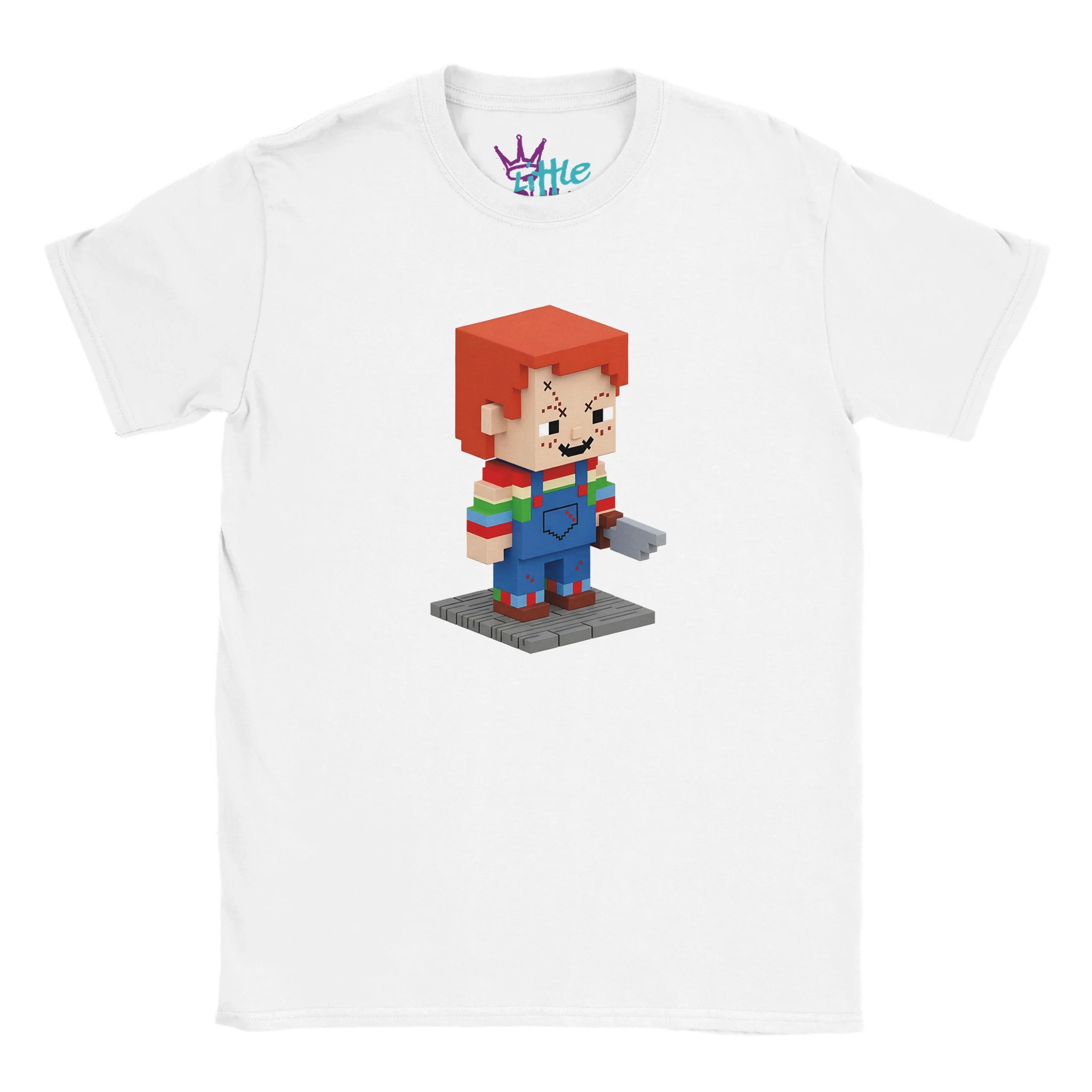 The Doll Forge x Mined Kids T-Shirt by Little Cult features a colorful, voxel-style doll with red hair, striped shirt, and blue overalls—playfully nodding to Minecraft-inspired fashion.